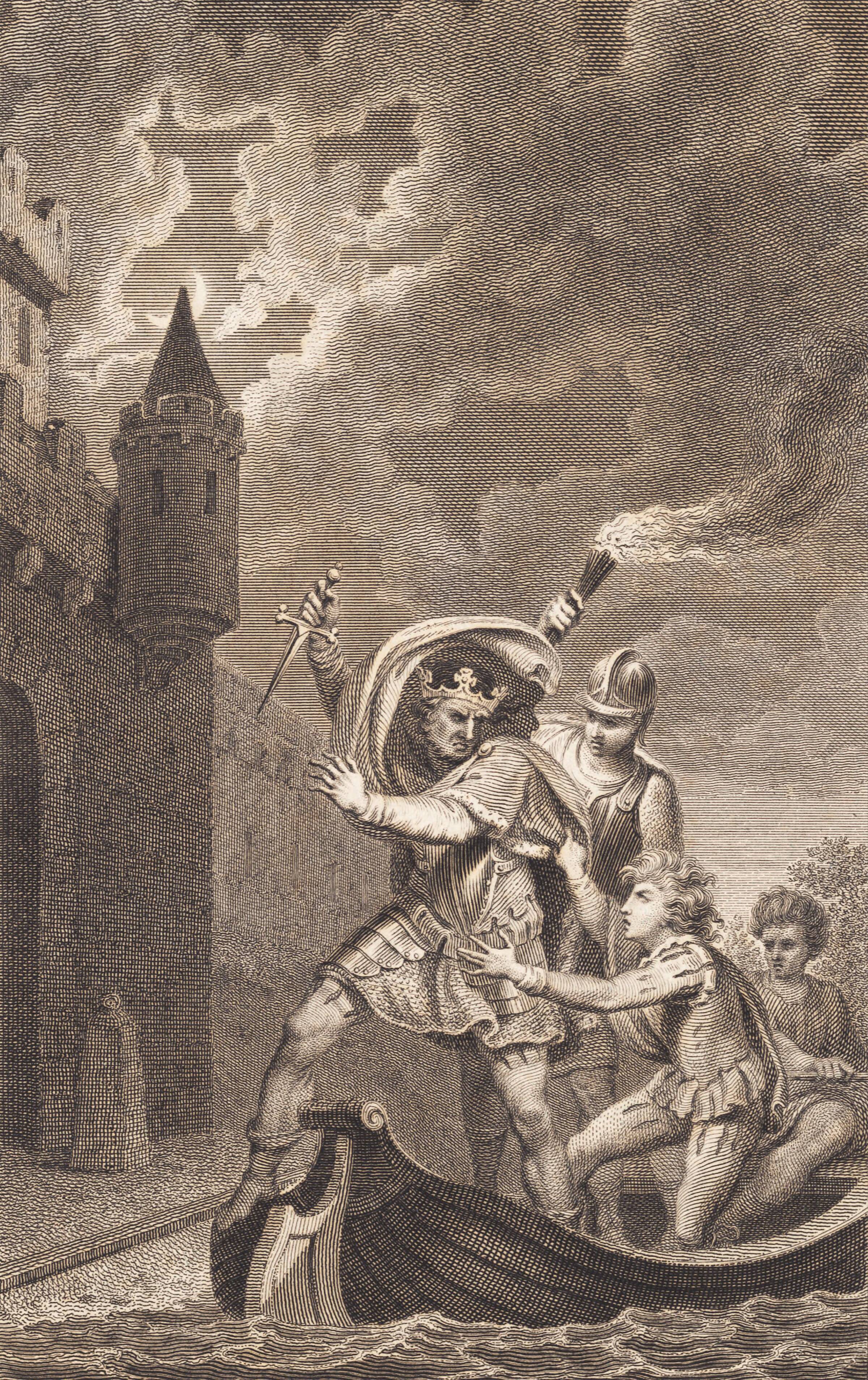 Illustration. En konge med løftet dolk og tre personer i en båd, J.F. Clemens, 1748-1831