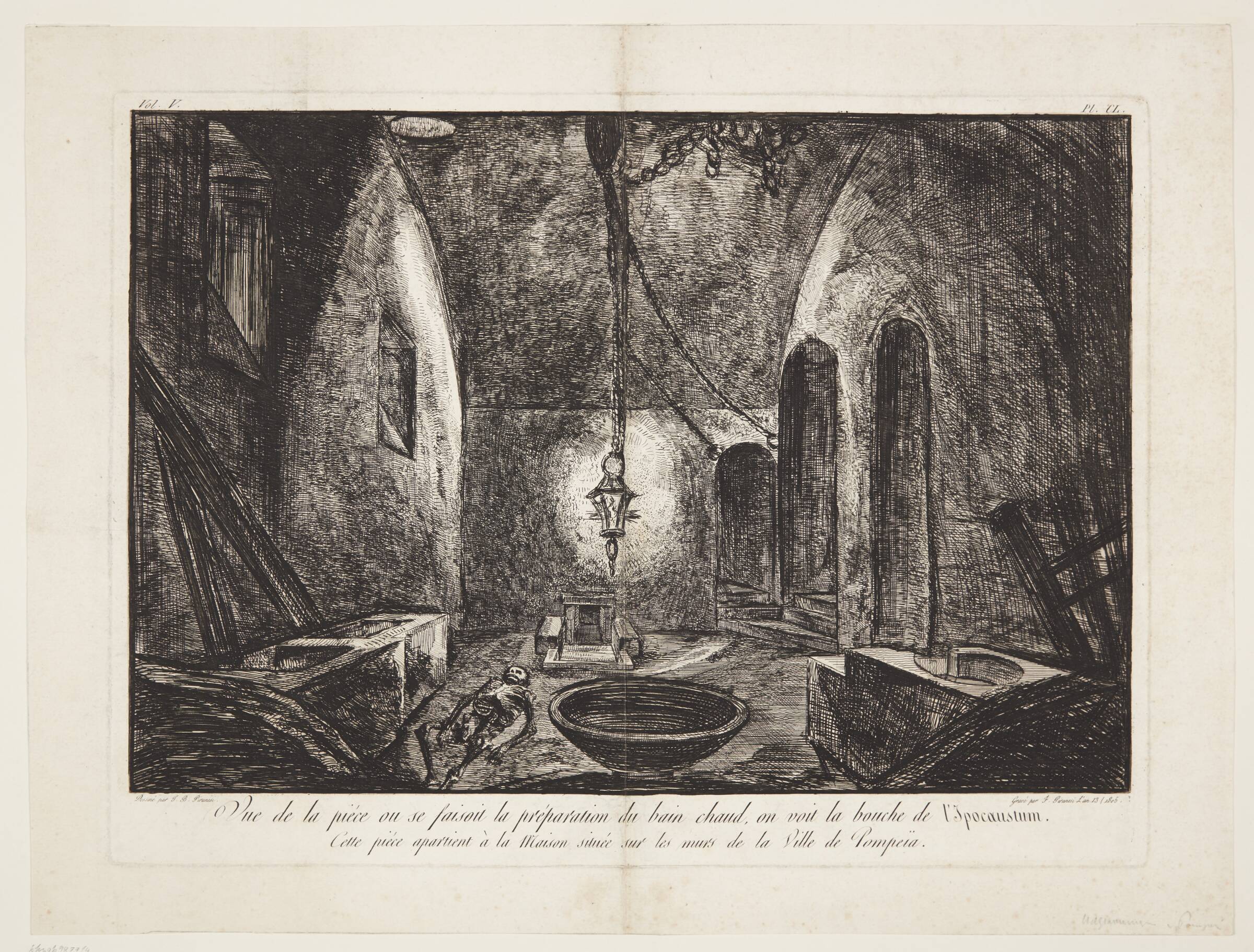 Vue de la piecé ou se faisoit la préparation du bain chaud, on voit la bouche de lIpocaustum. Cette piéce apartient à la Maison située sur les murs de la Ville de Pompeiia, Francesco Piranesi, 1805