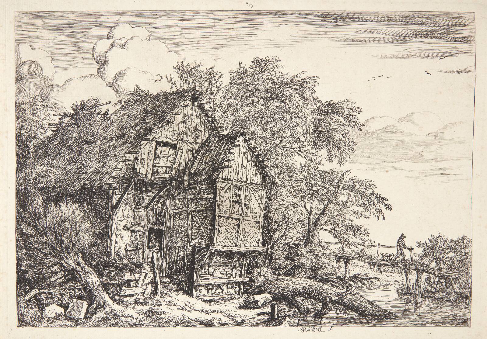 Bæk med et faldefærdigt bondehus og en bro. "Den lille bro", by Jacob Isaacksz. van Ruisdael, 1628-1682