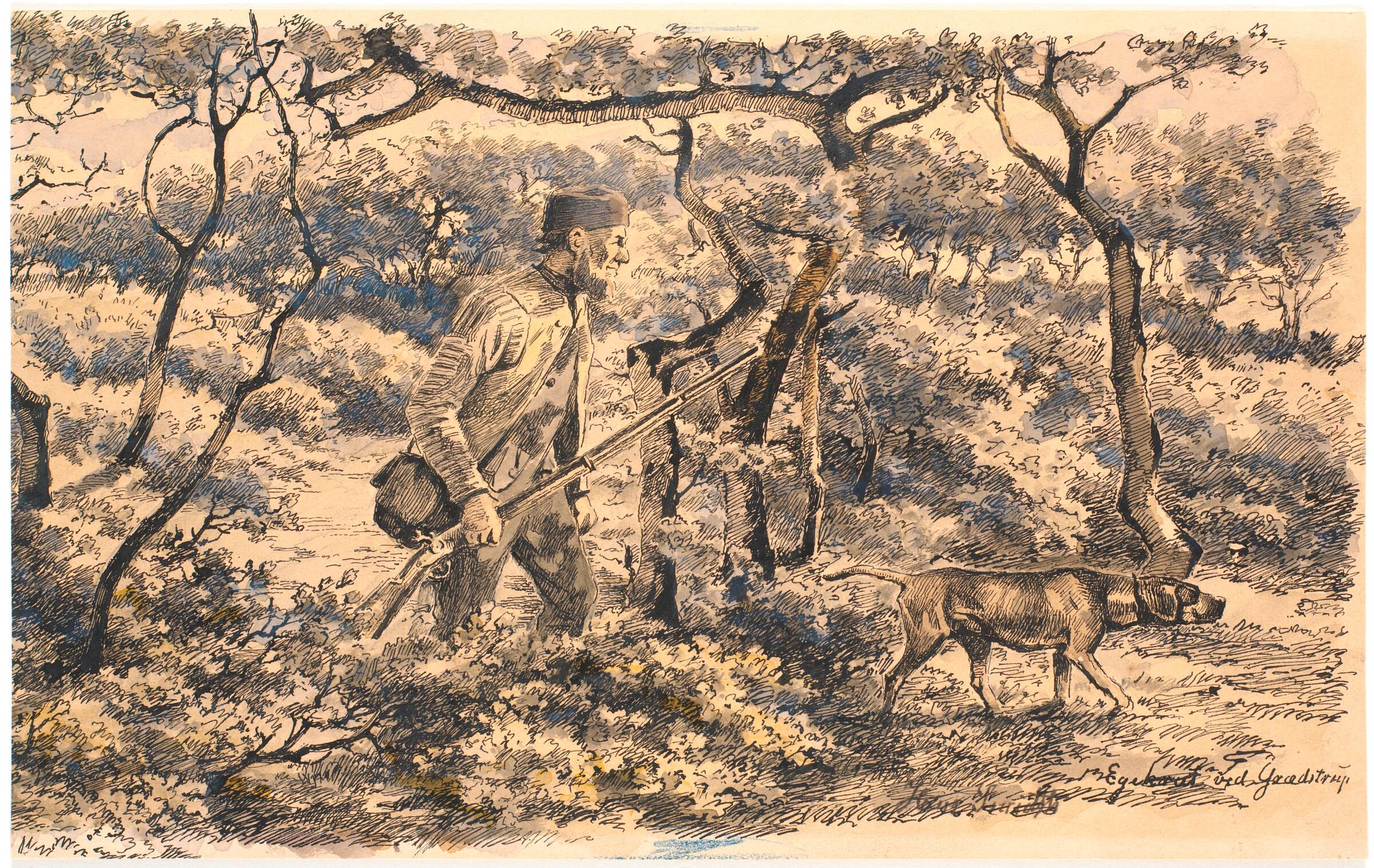 Krybskytte med hund i skov, Hans Smidth, 1839-1917