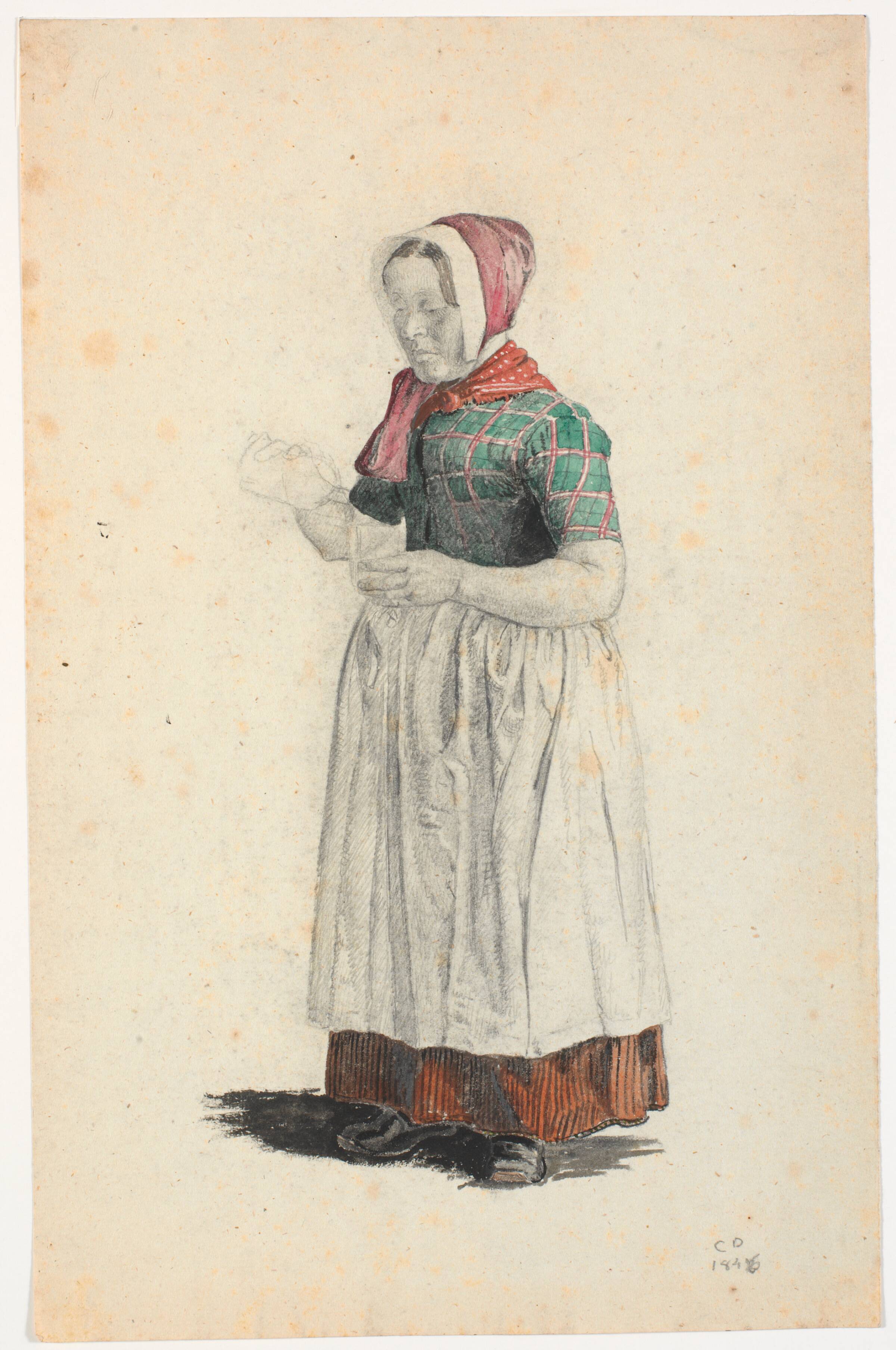 Stående bondekone, der skænker i et glas, Christen Dalsgaard, 1846