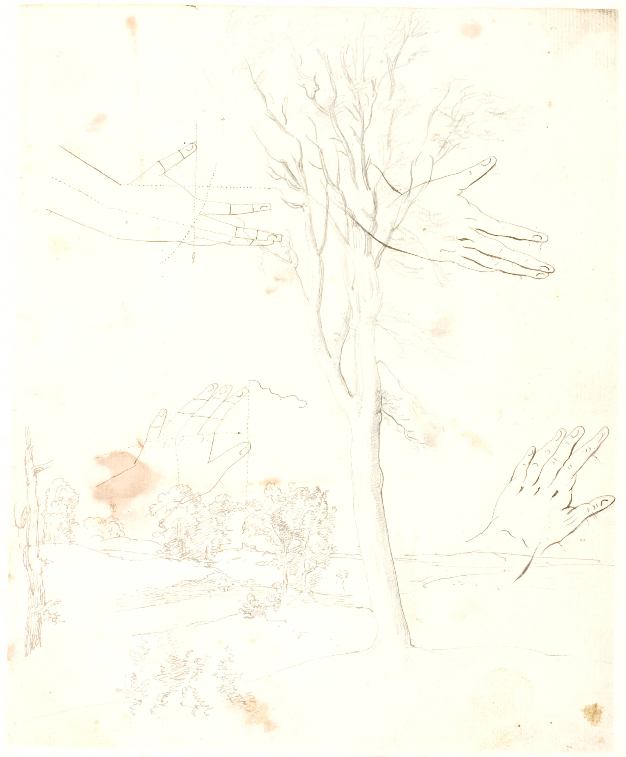 Udsigt over et lanskab i forgrunden et højt træ, Dankvart Dreyer, 1830-1839