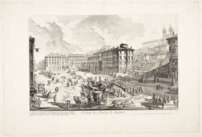 Udsigt over Piazza di Spagna, med Barcaccia-fontænen, Den Spanske Trappe og kirken SS. Trinità de' Monti