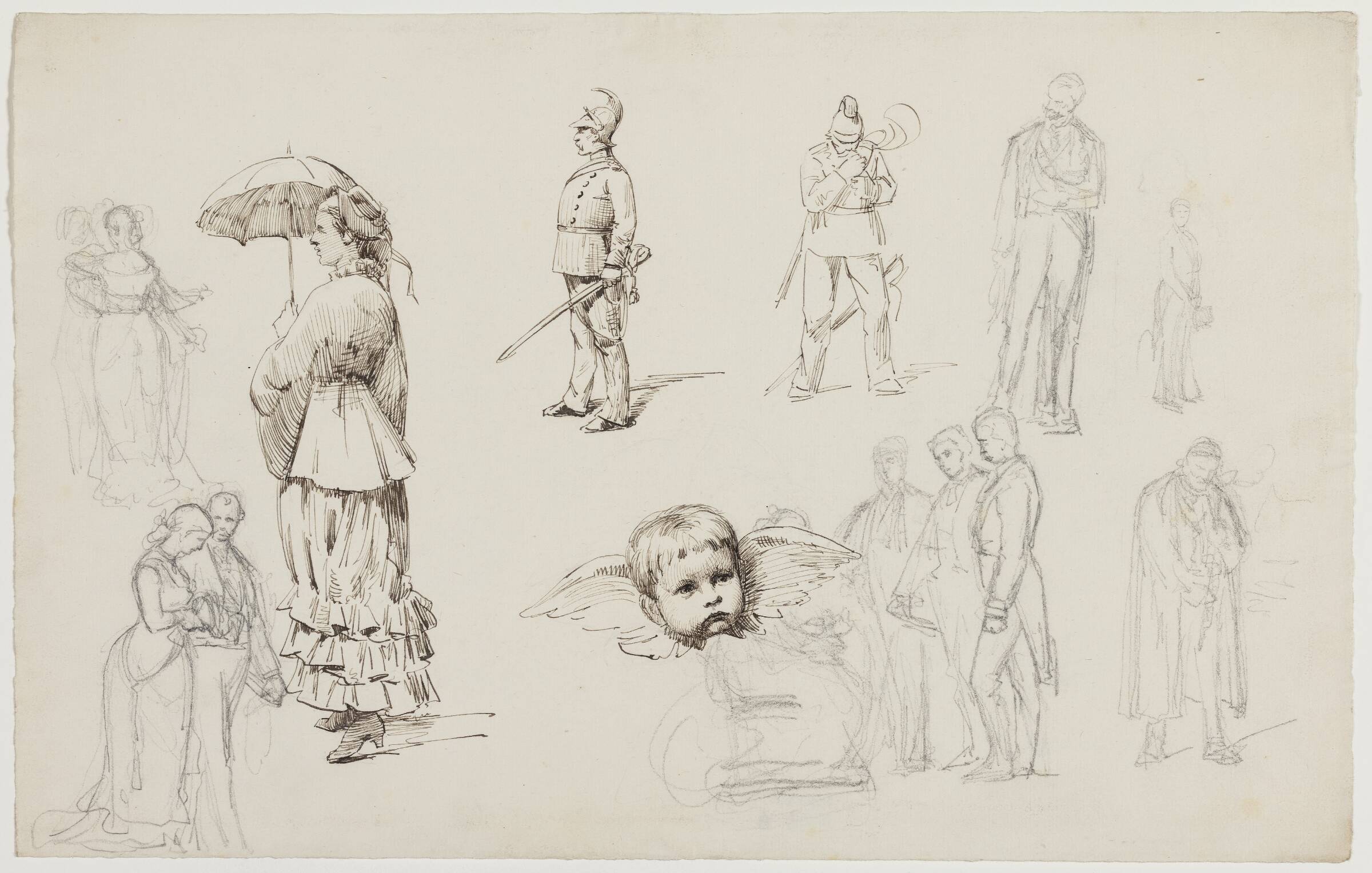 Studieblad med selskabsklædte mennesker, en dame med paraply, to dragoner og i midten (som engel) kunstnerens søn, Anton Thomsen, Carl Thomsen, 1880-1882