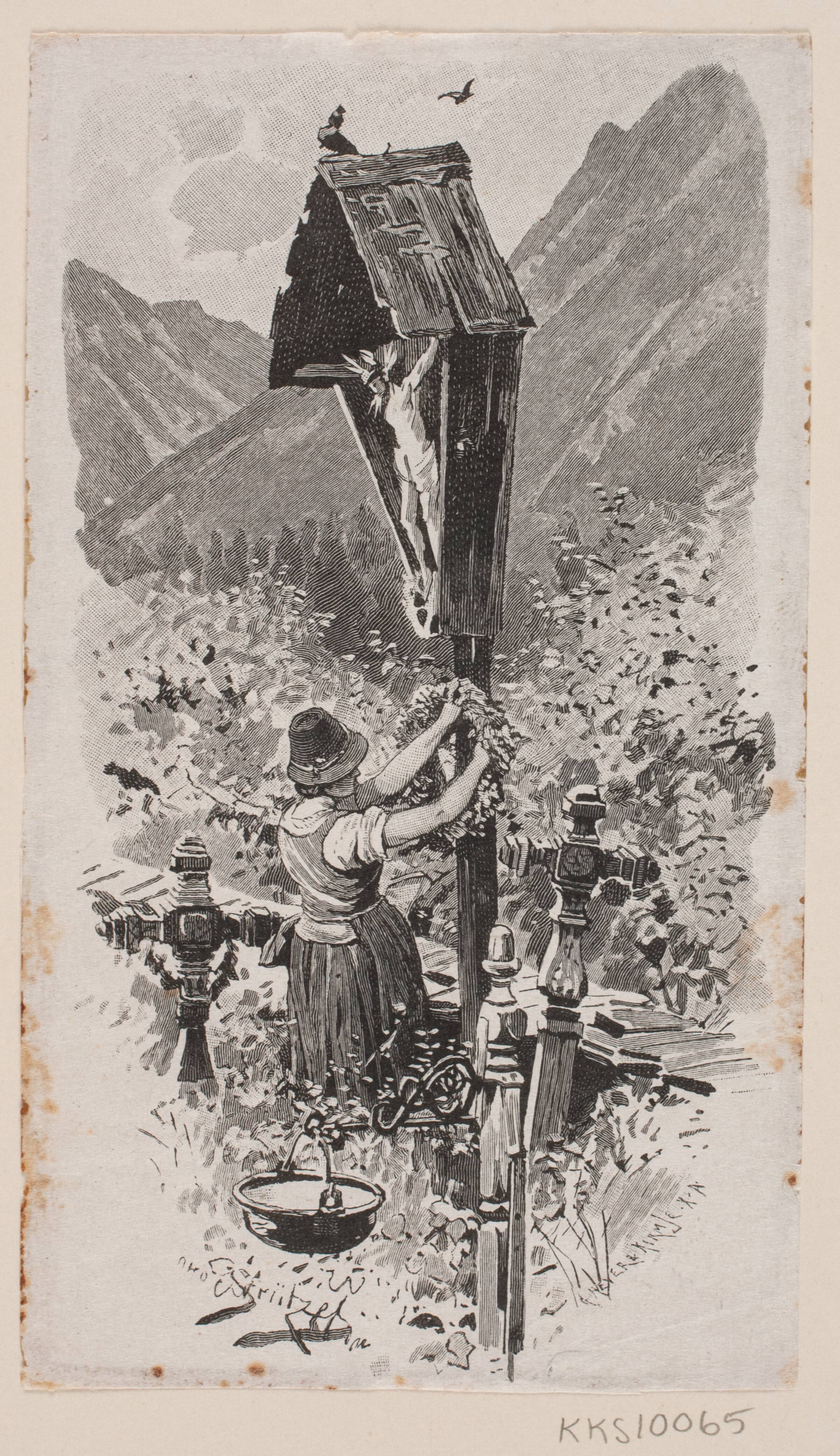 Kirkegård i bjergene. En ung pige ved et krusifix, Louis Sørensen, 1853-1902