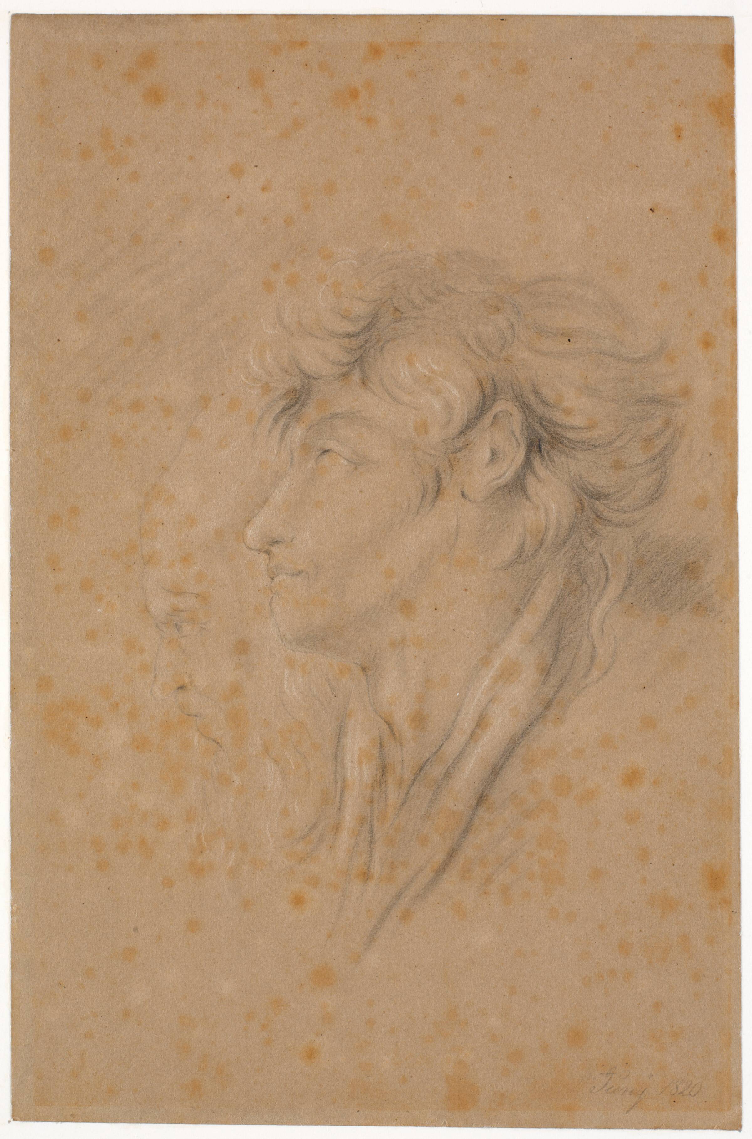 Studie af en yngling og en skægget oldings hoveder i profil mod venstre, Martinus Rørbye, 1820