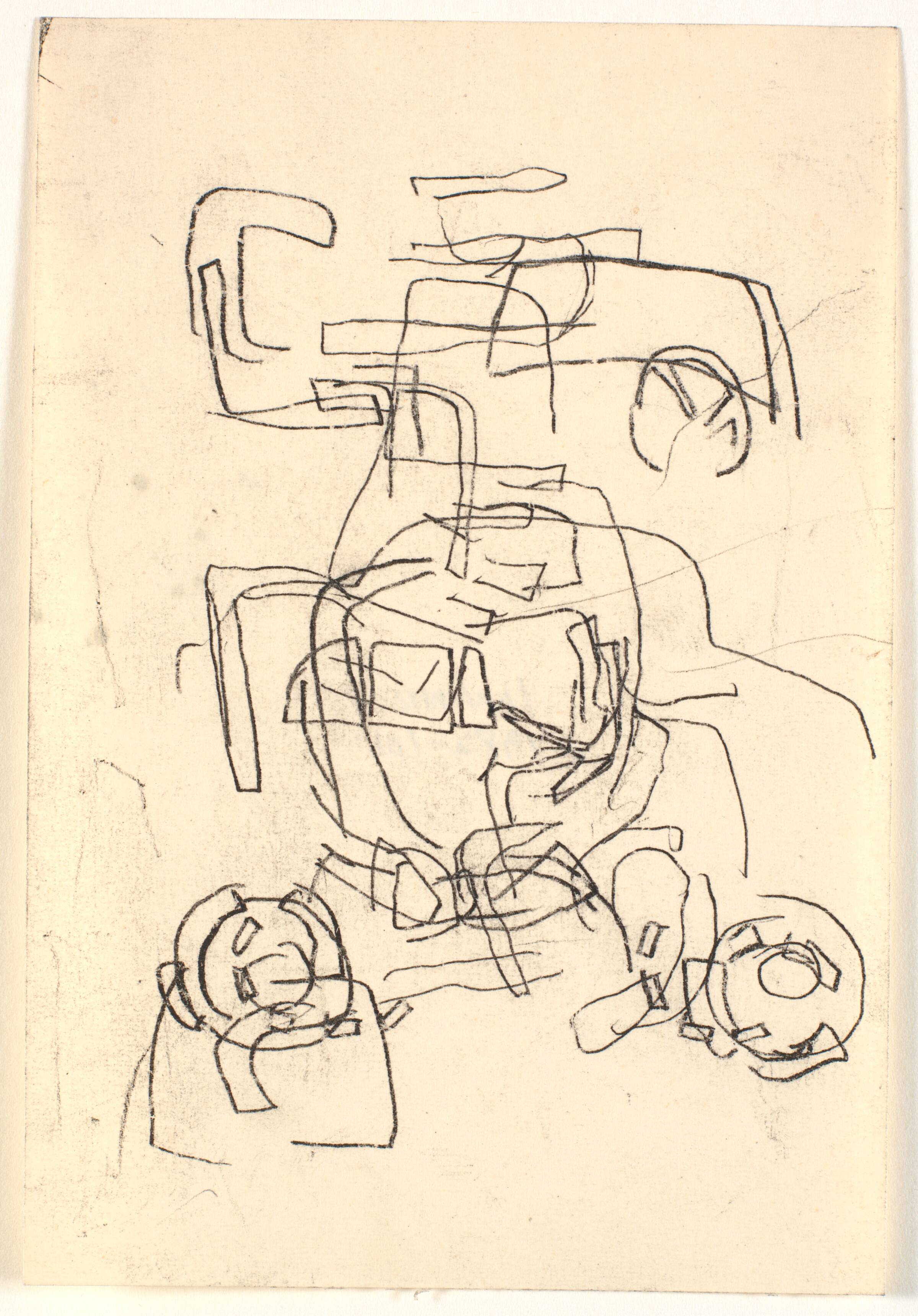 Fragmenter af bl.a. biler. Tegning over ugebladsbilleder, Bjørn Nørgaard, 1965