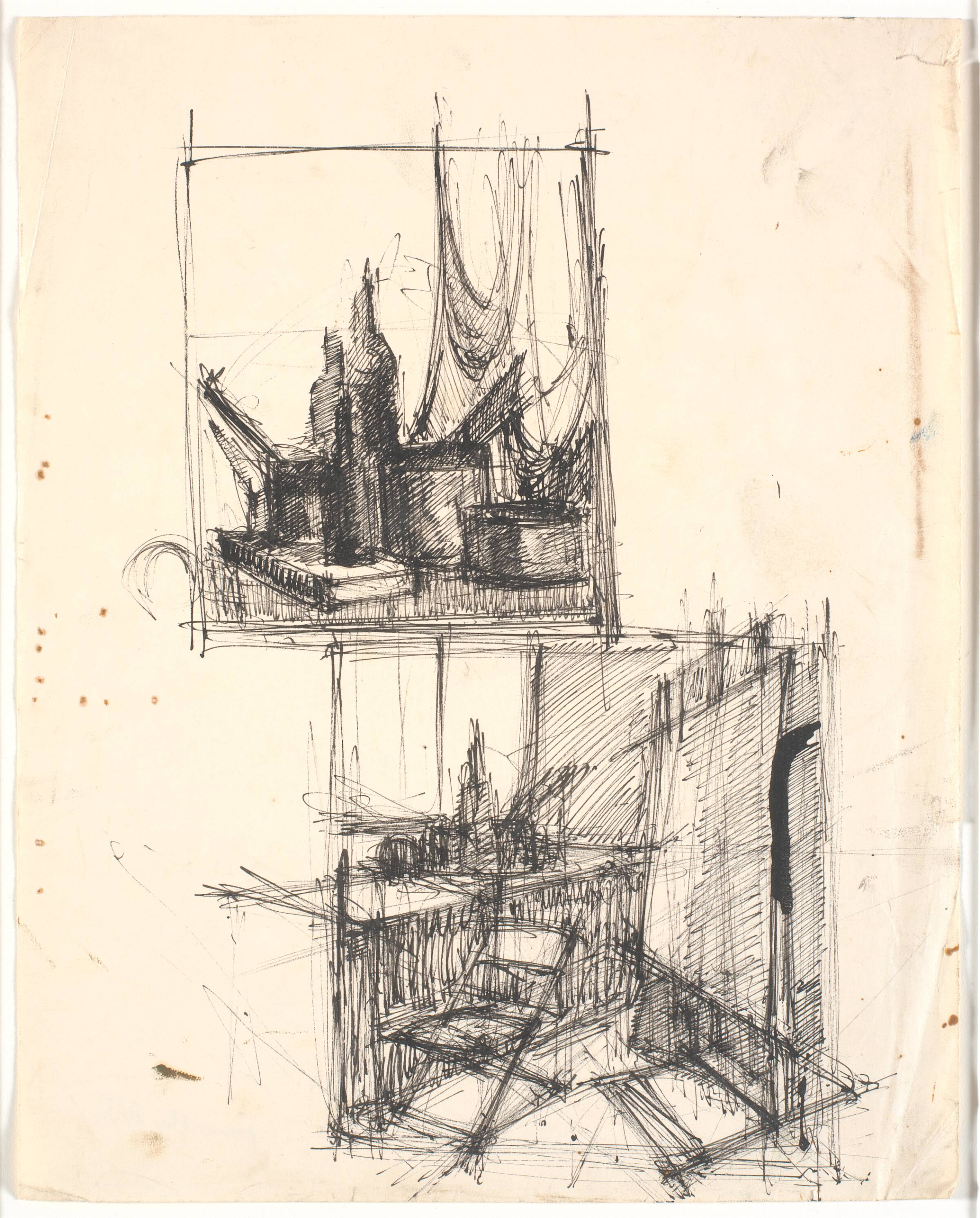 Blad med to tegninger af opstillinger, Helge Bertram, 1919-1960