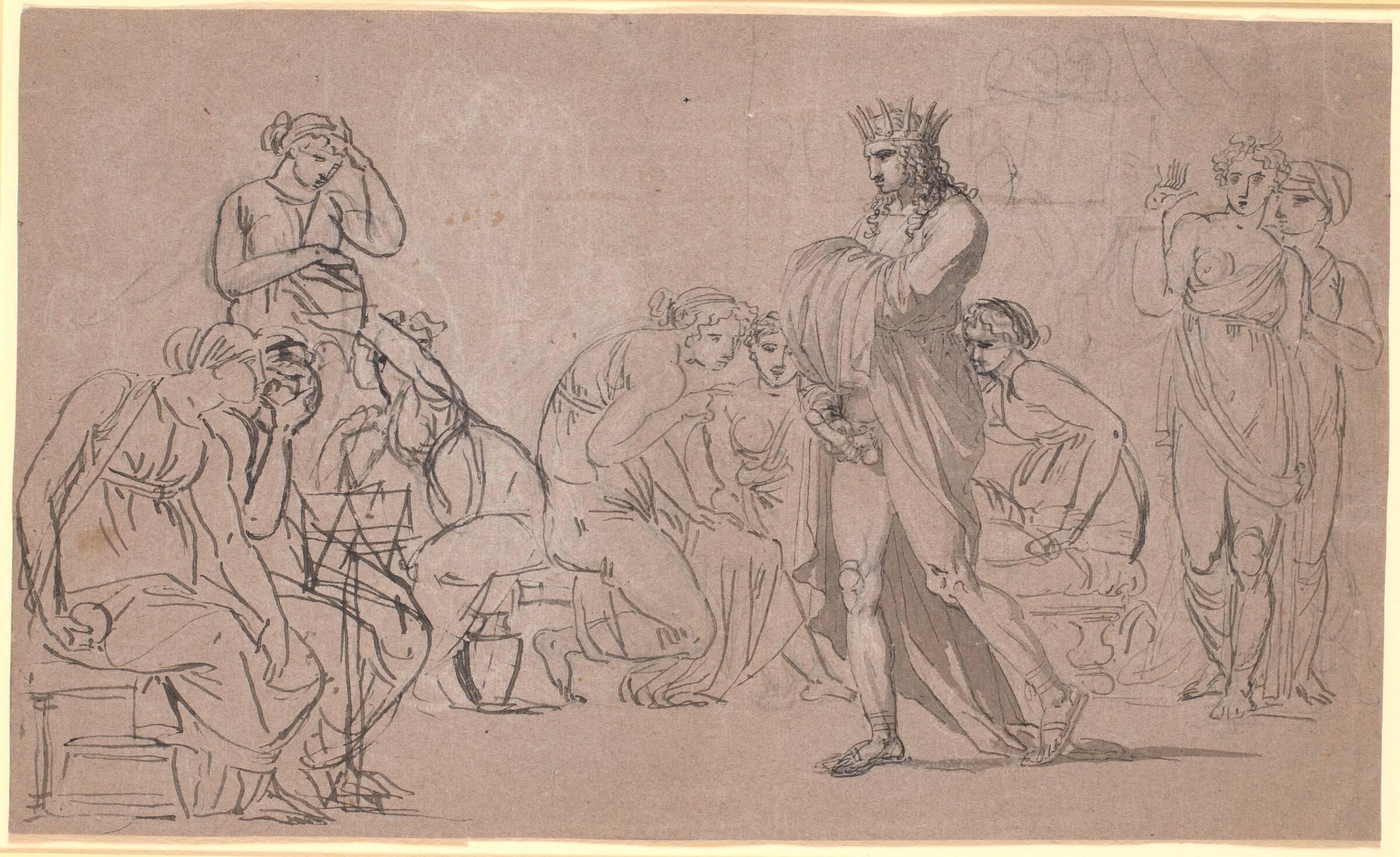 En kronet mandsfigur viser sine genitialia frem midt i en skare af siddende og stående kvinder, Nicolai Abildgaard, 1743-1809
