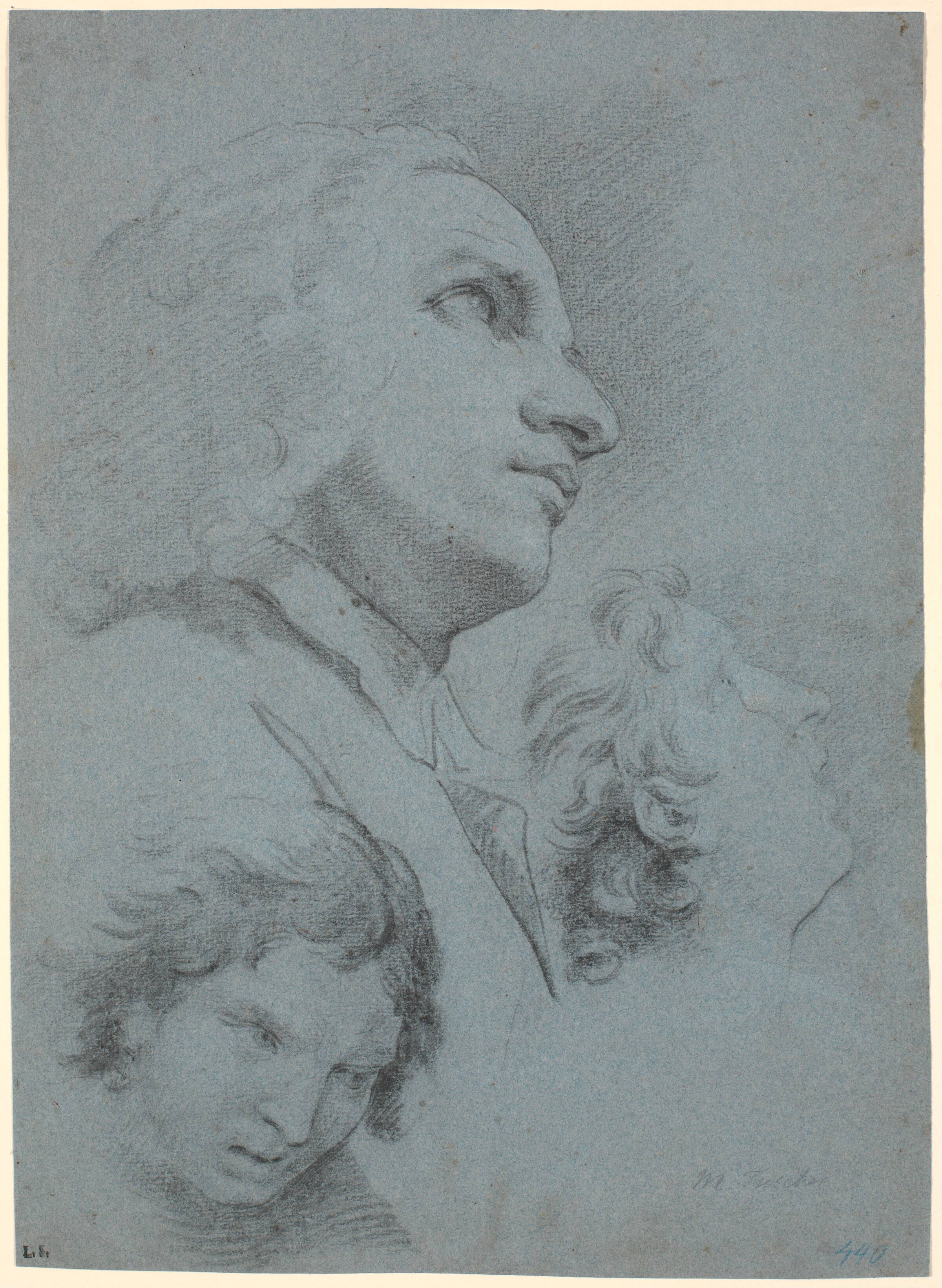 Studieblad med tre hoveder. Studie til "San Giuseppe Calasanz' mirakel", Marcus Tuscher, 1738-1751