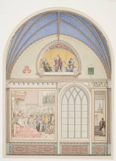 Udkast til hvælvingens dekoration i Christian IV's kapel i Roskilde Domkirke. Udsmykning t.v. med Chr. IV som dommer