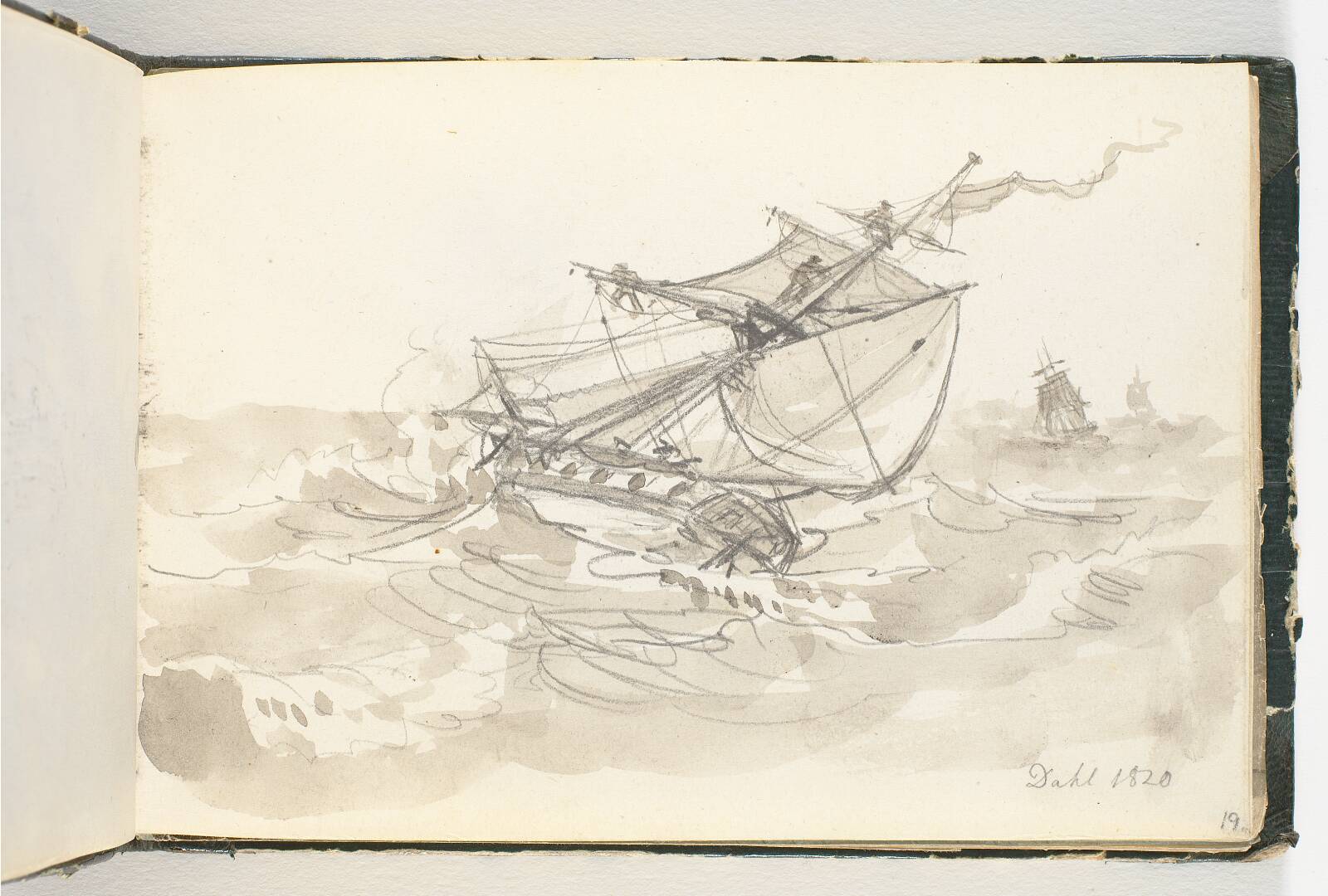 Tre sejlskibe i høj sø, J.C. Dahl, 1820