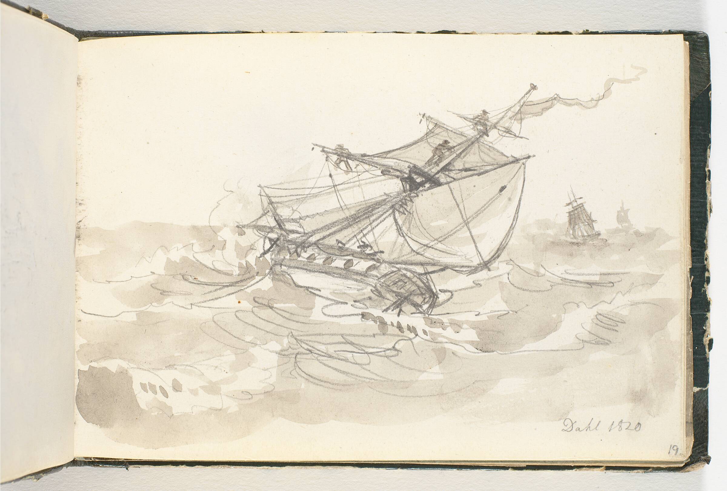 Tre sejlskibe i høj sø, J.C. Dahl, 1820