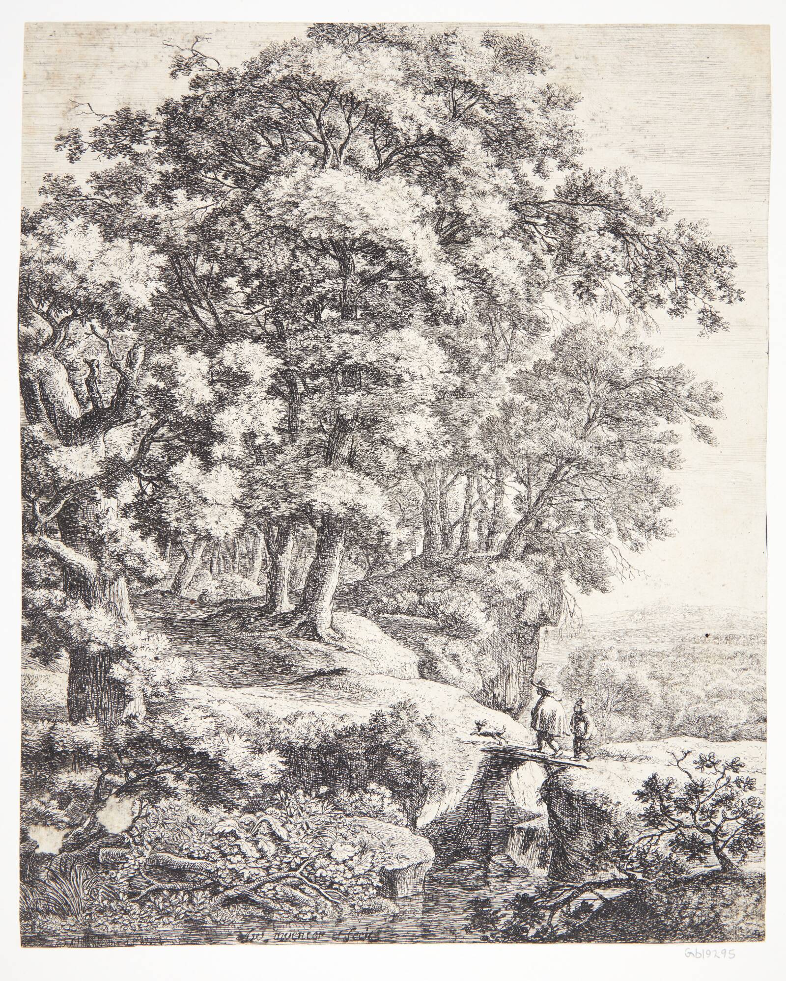 Mand og barn, der krydser en bro, Anthonie Waterloo, 1610-1690