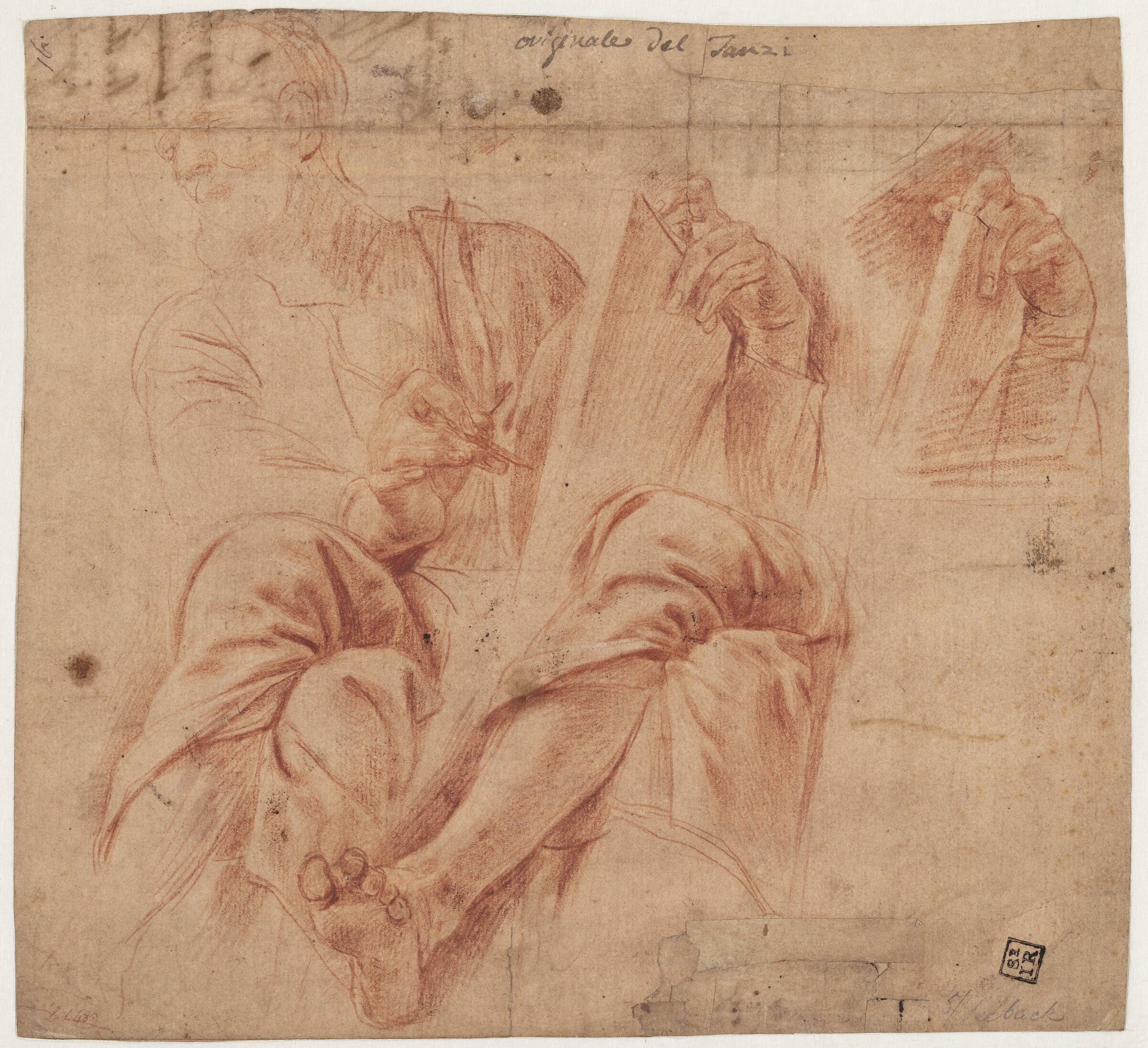 Studie af apostlen Markus skrivende, samt detailstudie af hånden, der holder bogen, Tanzio da Varallo, 1575-1635