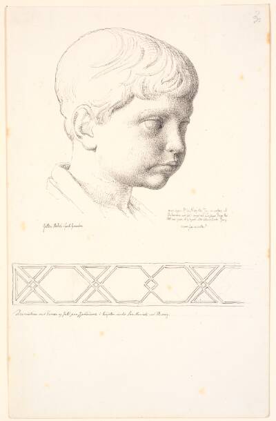 Britannicus hoved set i 3/4 profil mod højre. Forneden en dekorativ bort