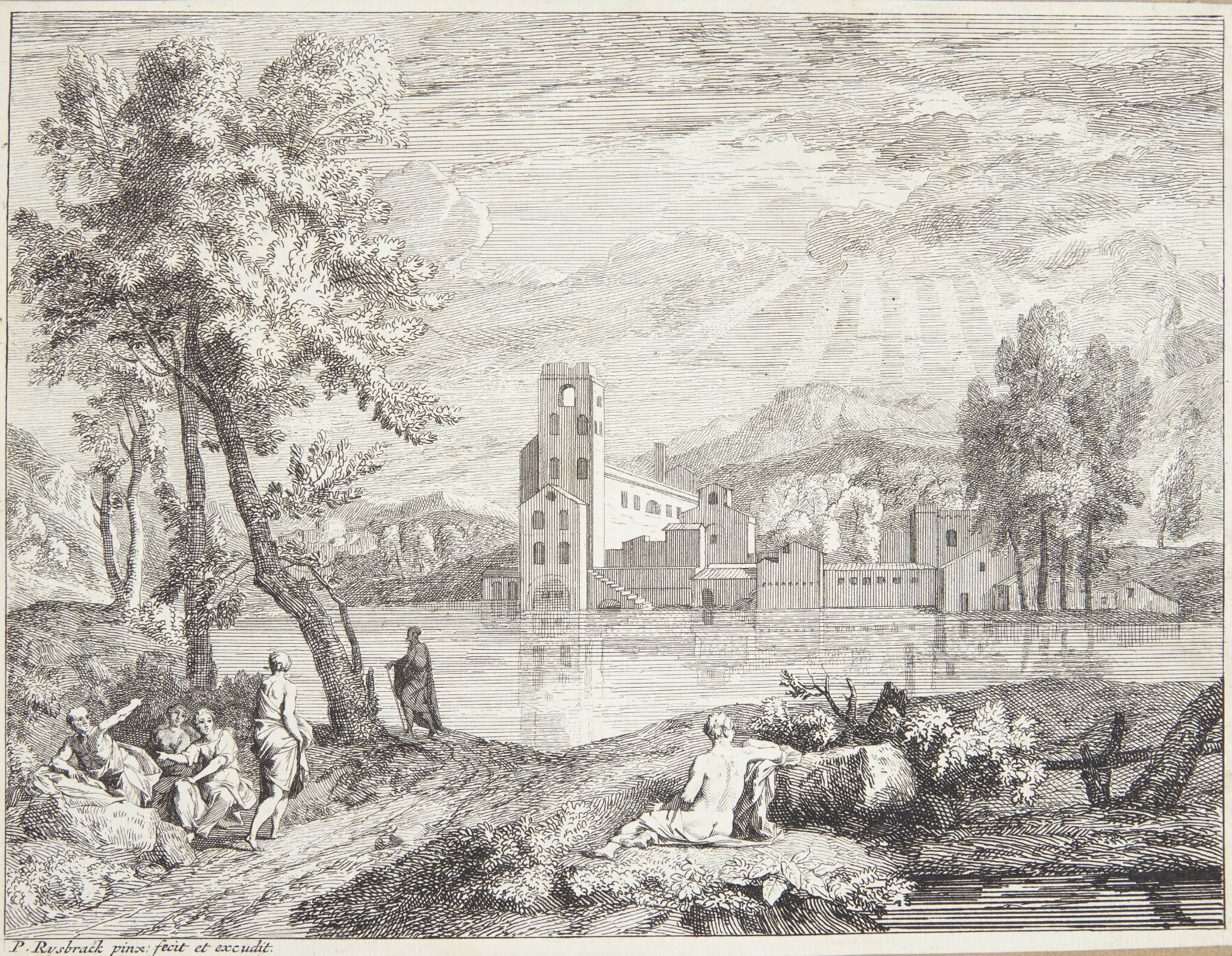 Mennesker på en flodbred, i baggrunden et kloster