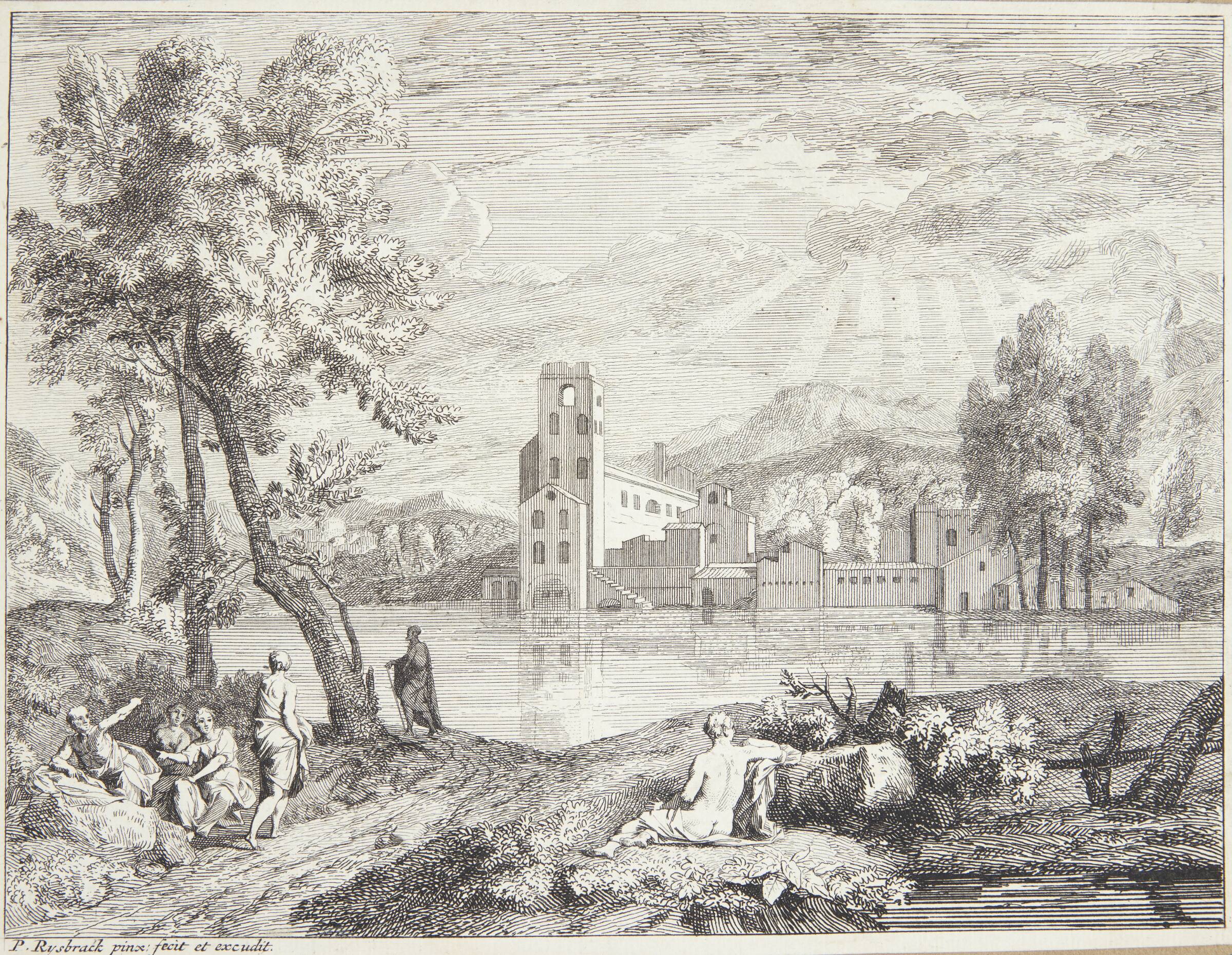Mennesker på en flodbred, i baggrunden et kloster, Pieter Rijsbraeck, 1655-1729