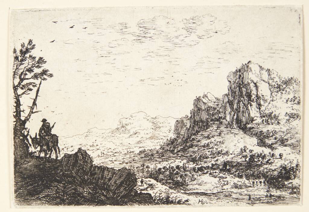 Panorama over bjergrigt landskab, i forgrunden en mand ridende på et æsel, Herman Saftleven, 1609-1685