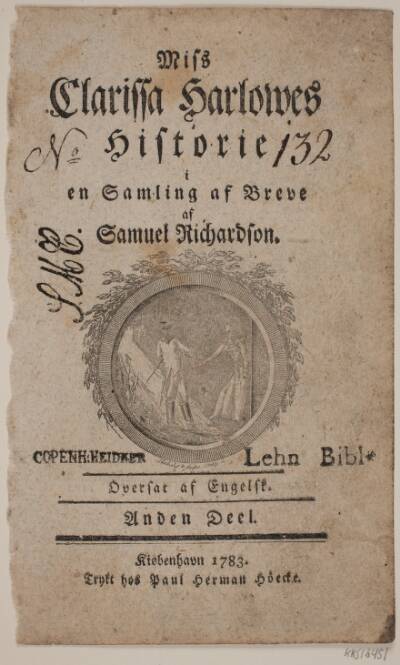 Titelblad med vignet til S. Richardson: "Miss Clarissa Harlowes Historie", anden del
