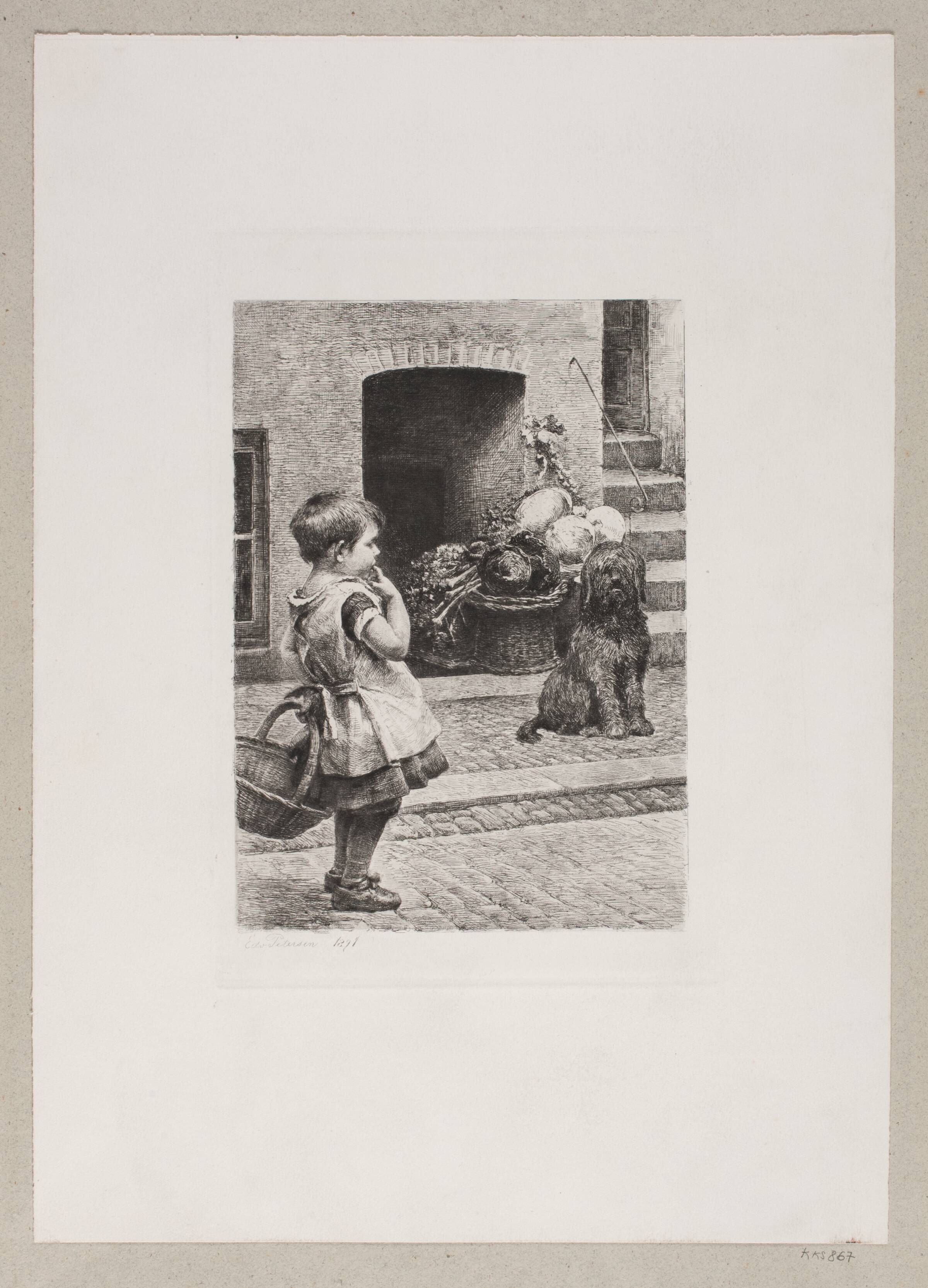 Den lille pige og hunden udenfor grøntkælderen, Edvard Petersen, 1891