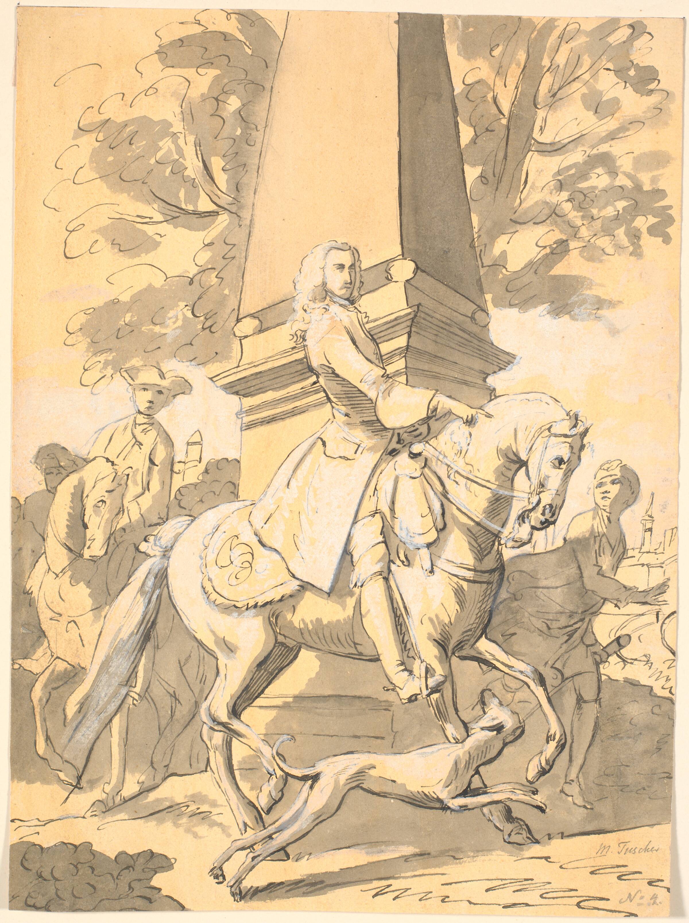 Fornem herre fulgt af tjenere rider forbi et monument, Marcus Tuscher, 1720-1751