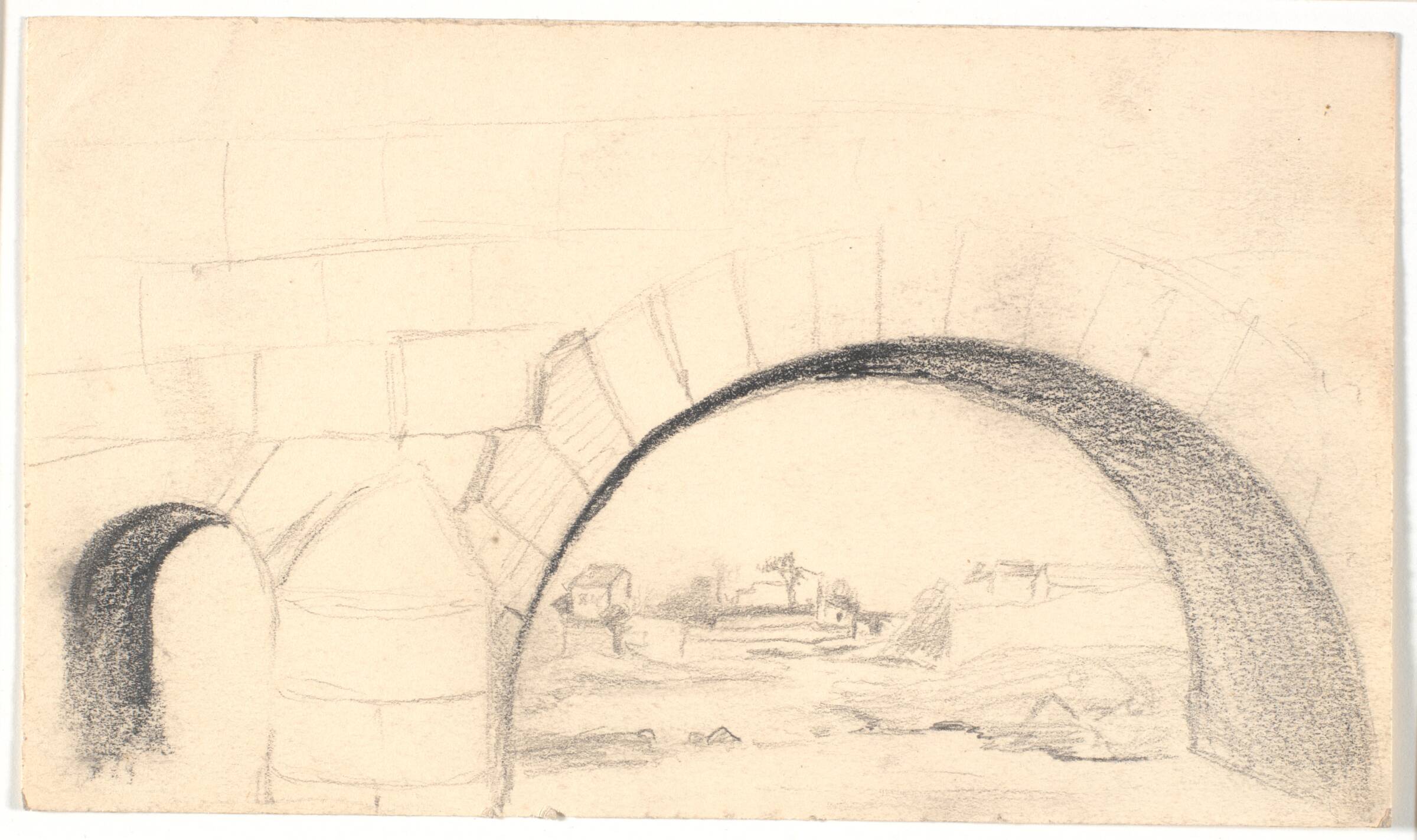 Italiensk landskab med klynge af huse set gennem en brobue, L.A. Ring, 1893-1895