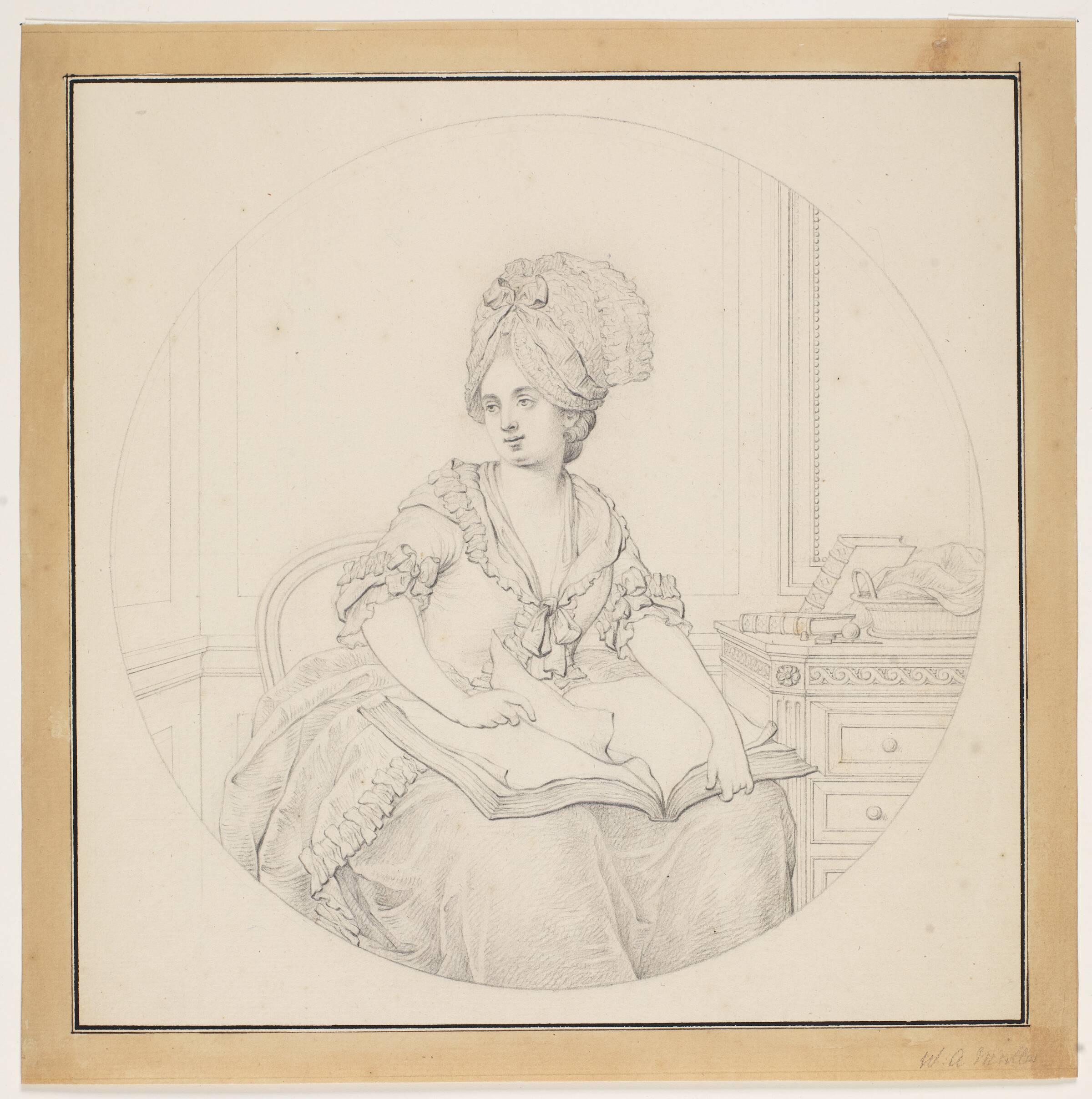 Yngre dame, bladrende i en foliant, der ligger på hendes skød, W.A. Müller, 1733-1816