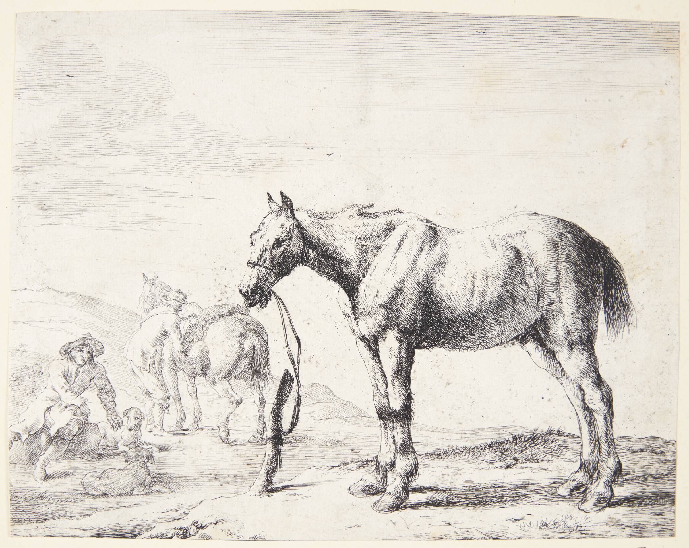 Hest tøjret ved en pæl, vendt mod venstre, Dirk Stoop, 1651