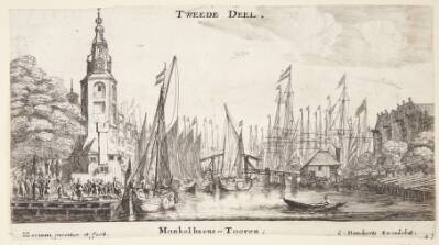 Udsigt mod Montelbaanstoren i Amsterdam. Titelblad til "Forskellige skibe og udsigter fra Amsterdam (II)"