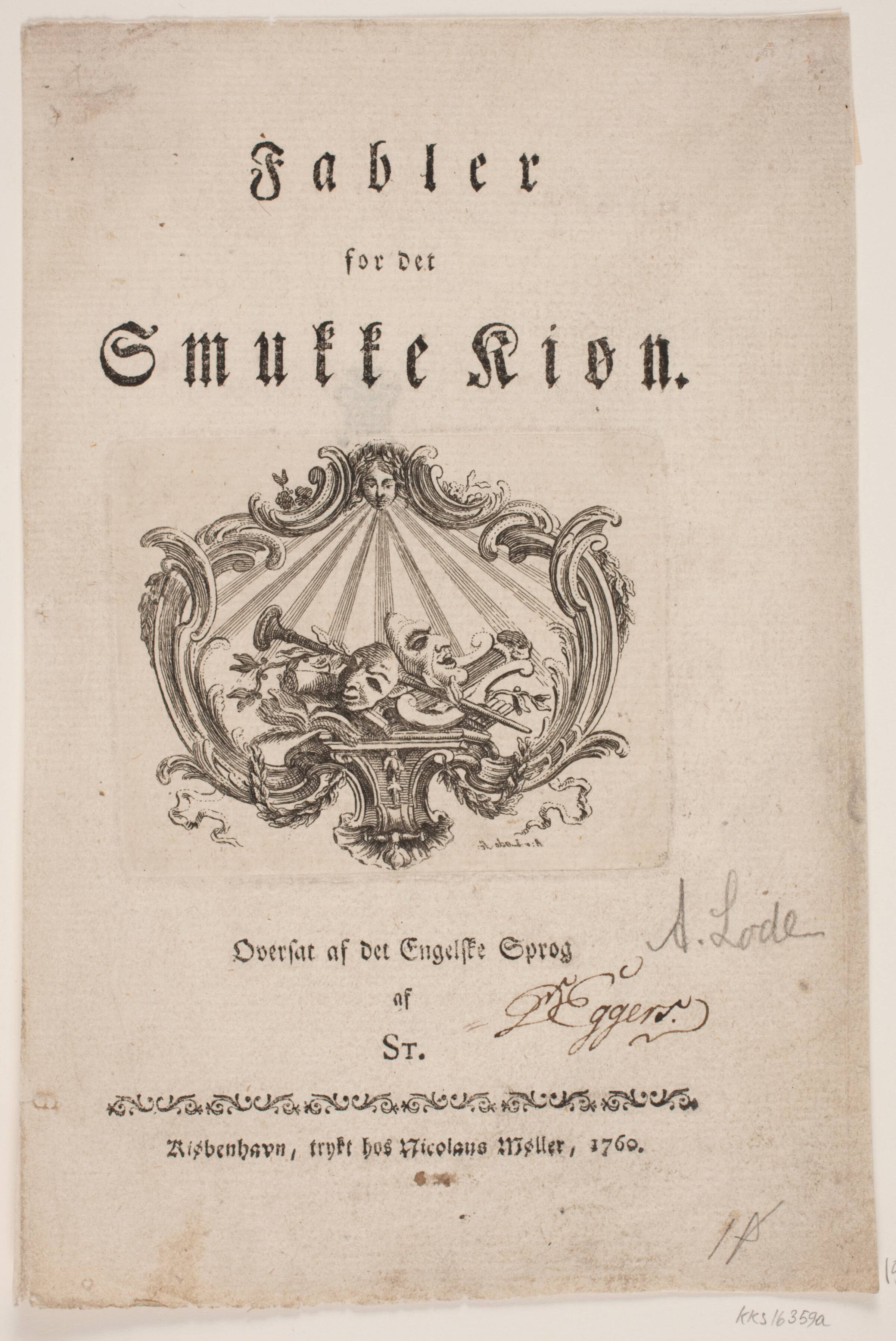 Titelblad til "Fabler for Smukke Kjøn", Alexia de Lode, 1760