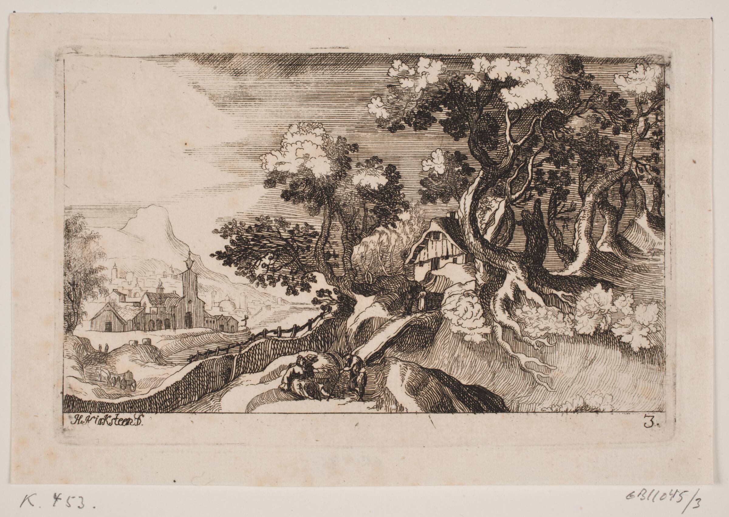 Landskab med en hytte mellem træer til højre, Hans Jørgen Kirksteen, 1746