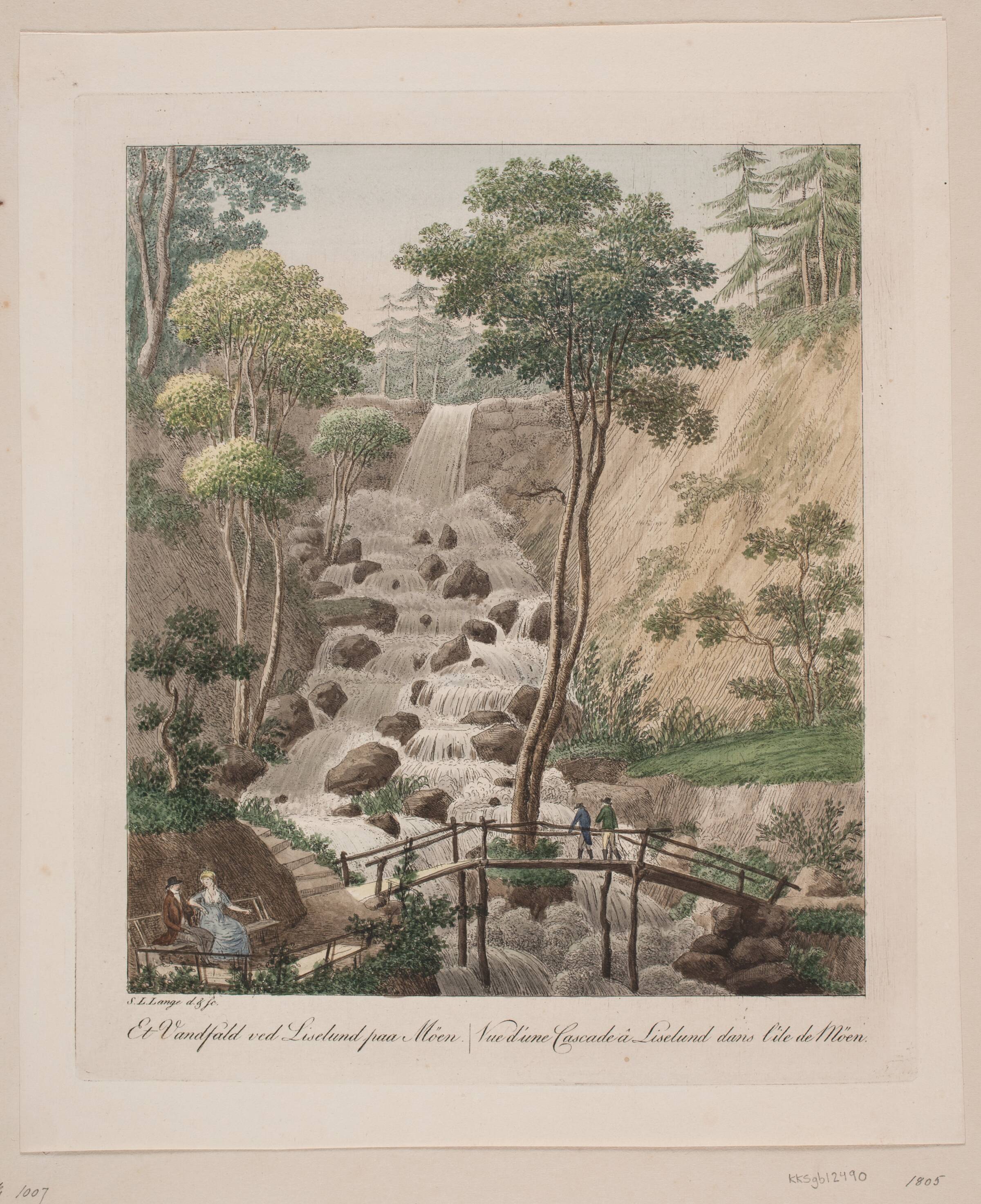 Et vandfald ved Liselund på Møn, Søren L. Lange, 1805