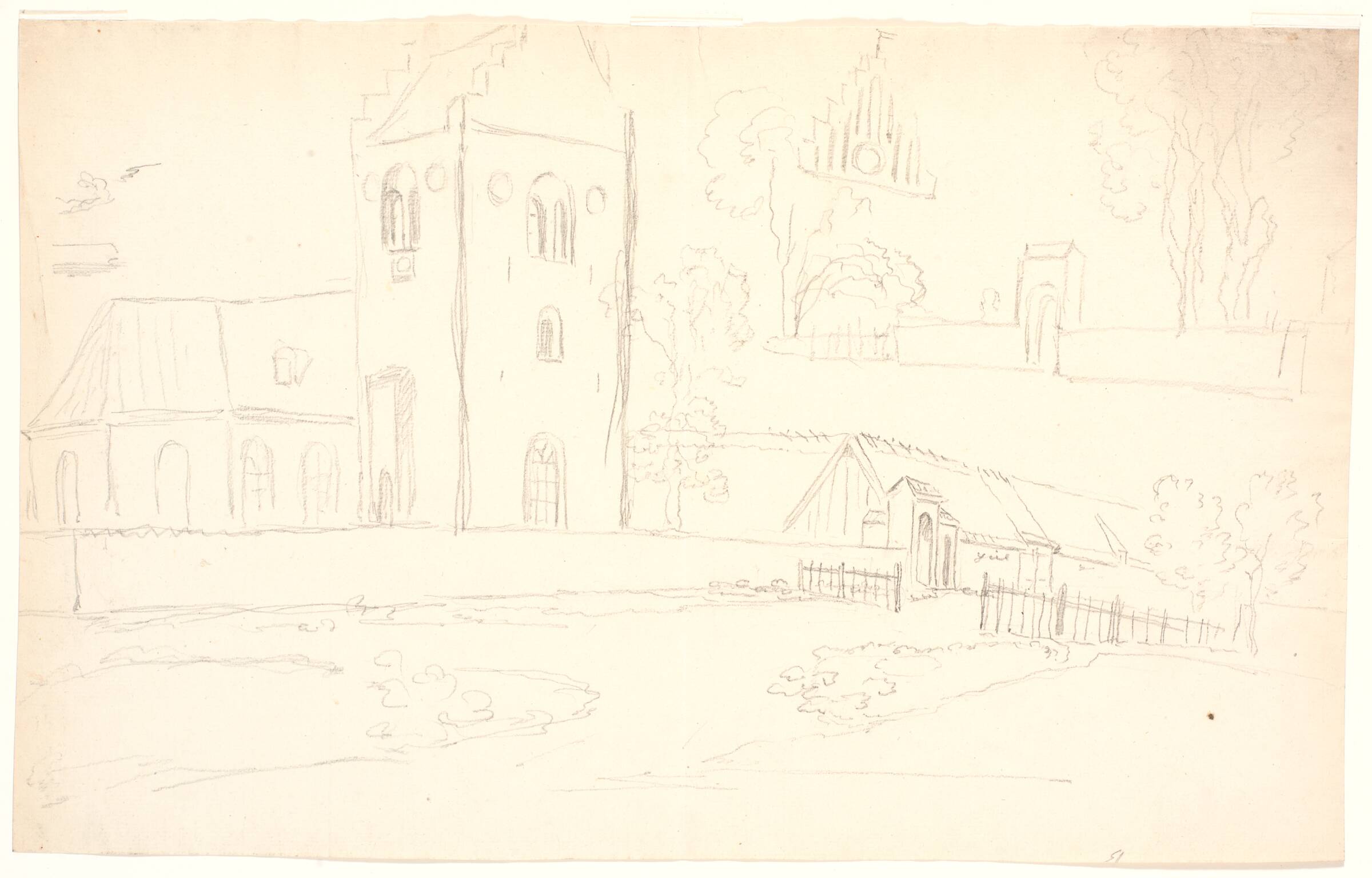 Kirke og gård samt kirkegårdsmur og port. Gentofte kirke?, C.A. Lorentzen, 1746-1828