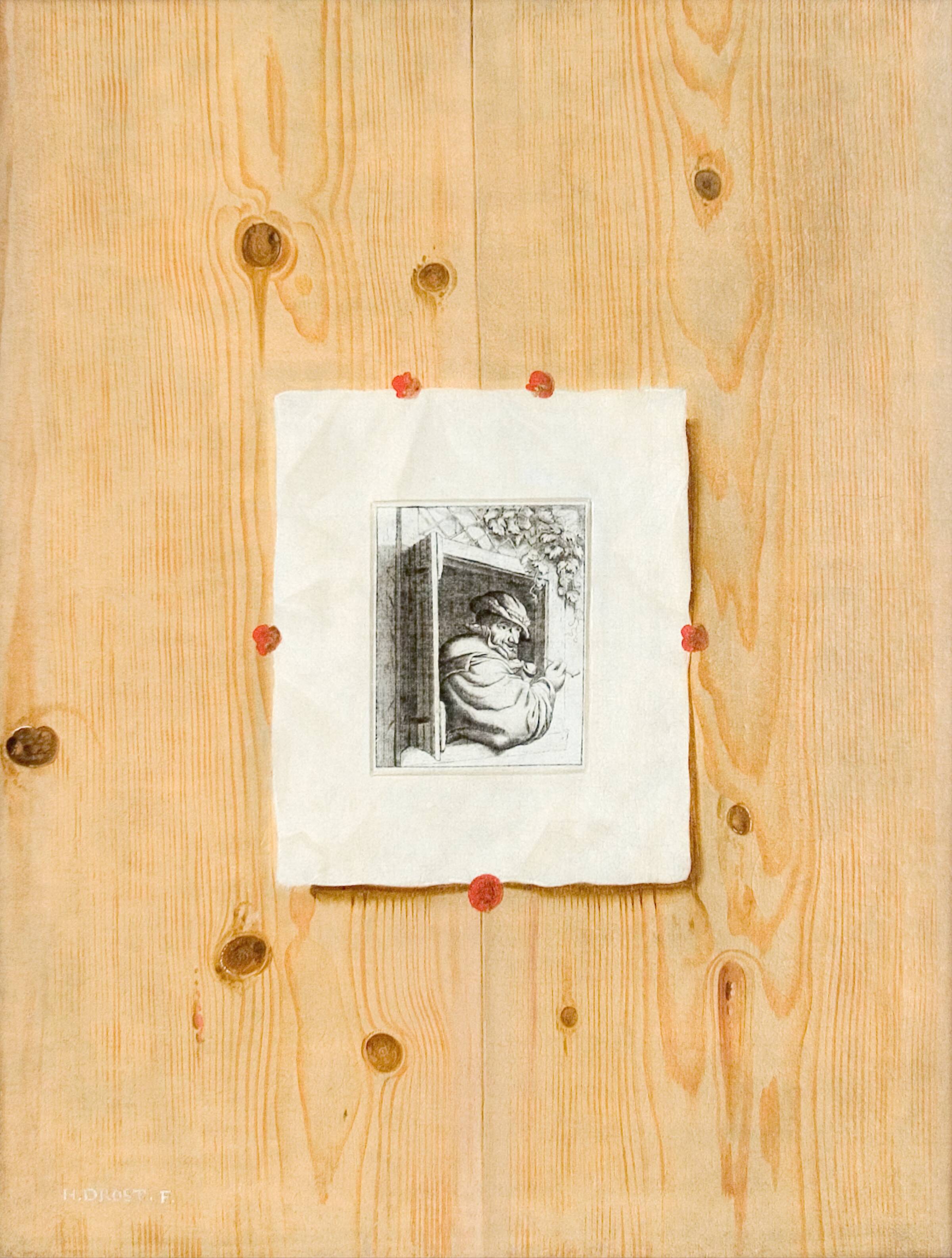 Trompe l´oeil. Bræddevæg med en radering af en mand med en pibe., H. Drost, 1650-1700