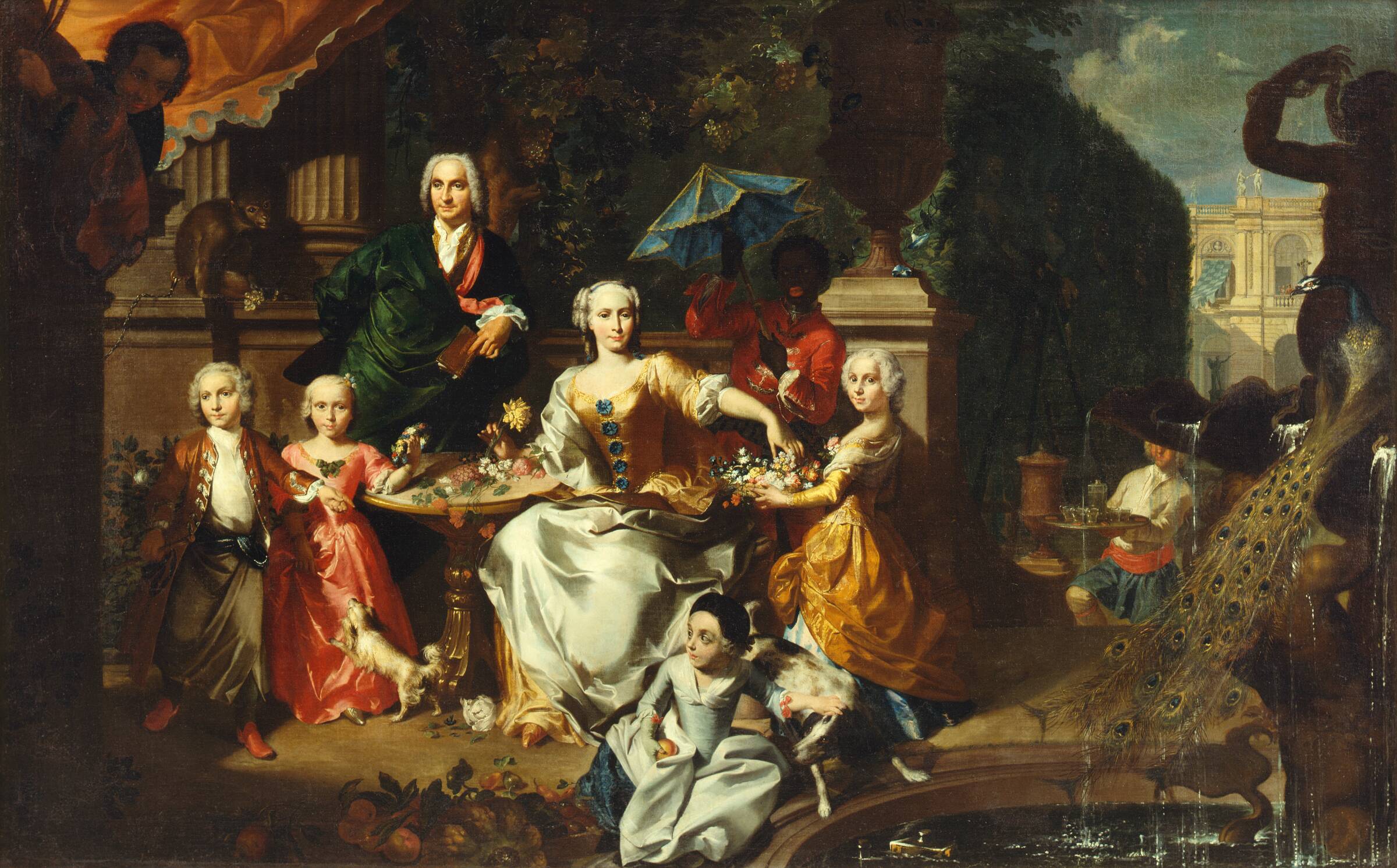 Familiegruppe på en terrasse ved en villa. Muligvis den engelske forretningsmand George Jackson med sin familie, Marcus Tuscher, 1737
