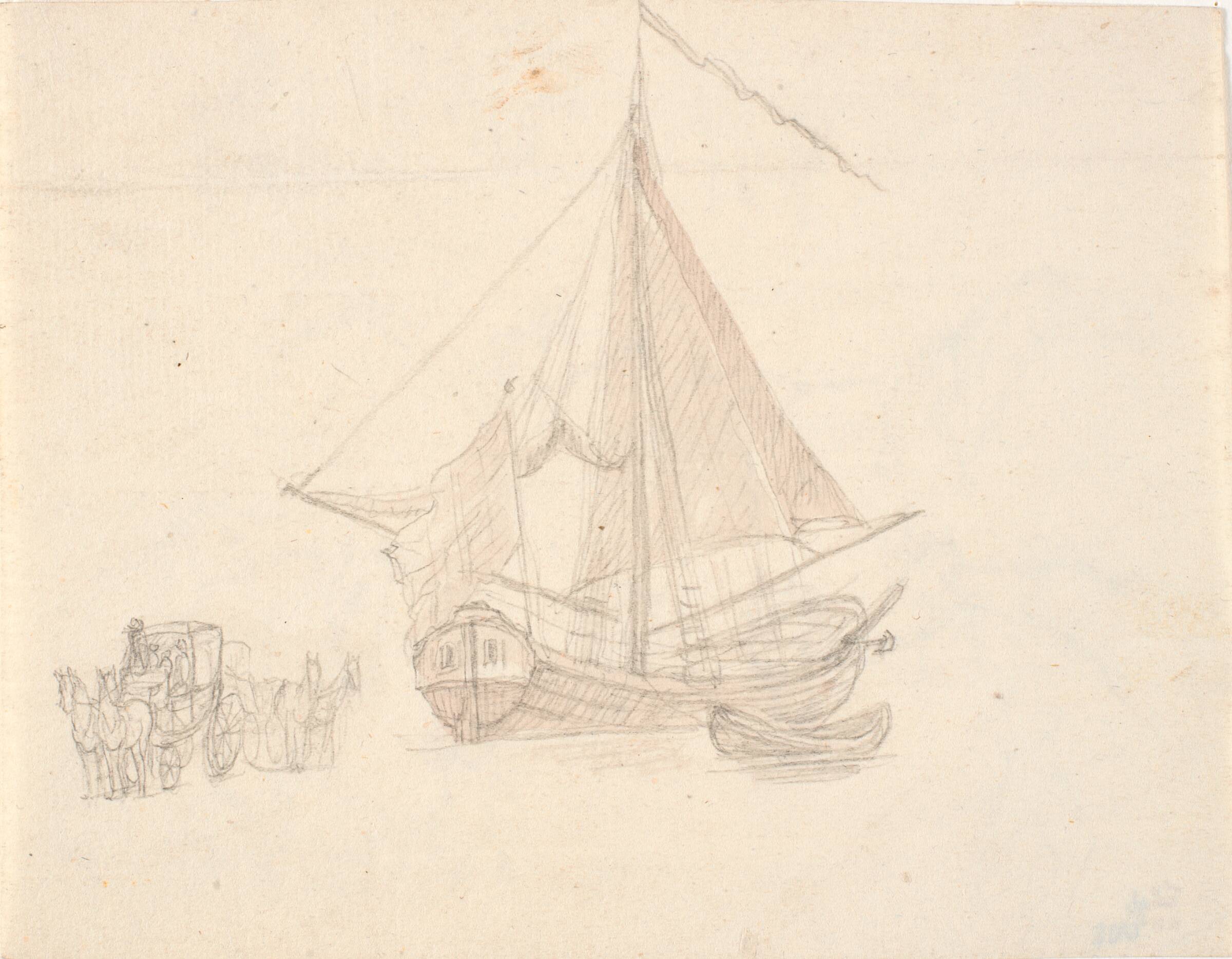 Et skib med sejl og vimpel og en jolle. T.v. to hestevogne, C.A. Lorentzen, 1746-1828