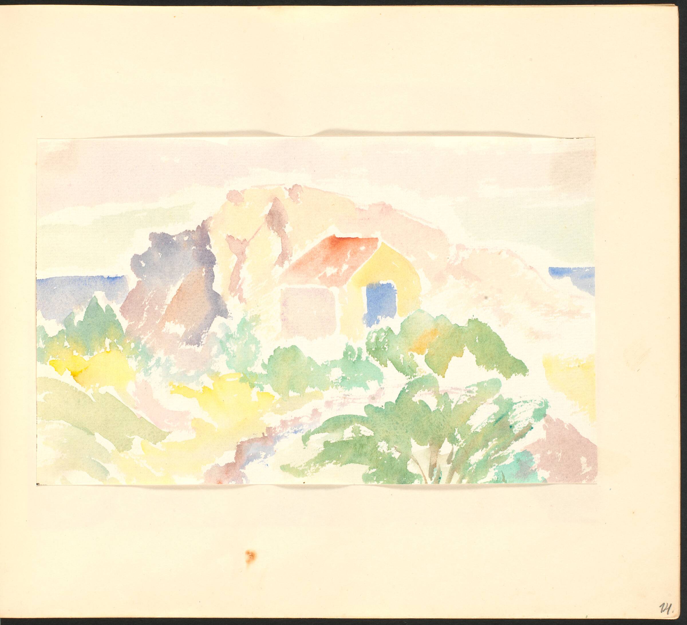 Hus med rødt tag blandt klipper og grønt, Johannes Frederiksen, 1944