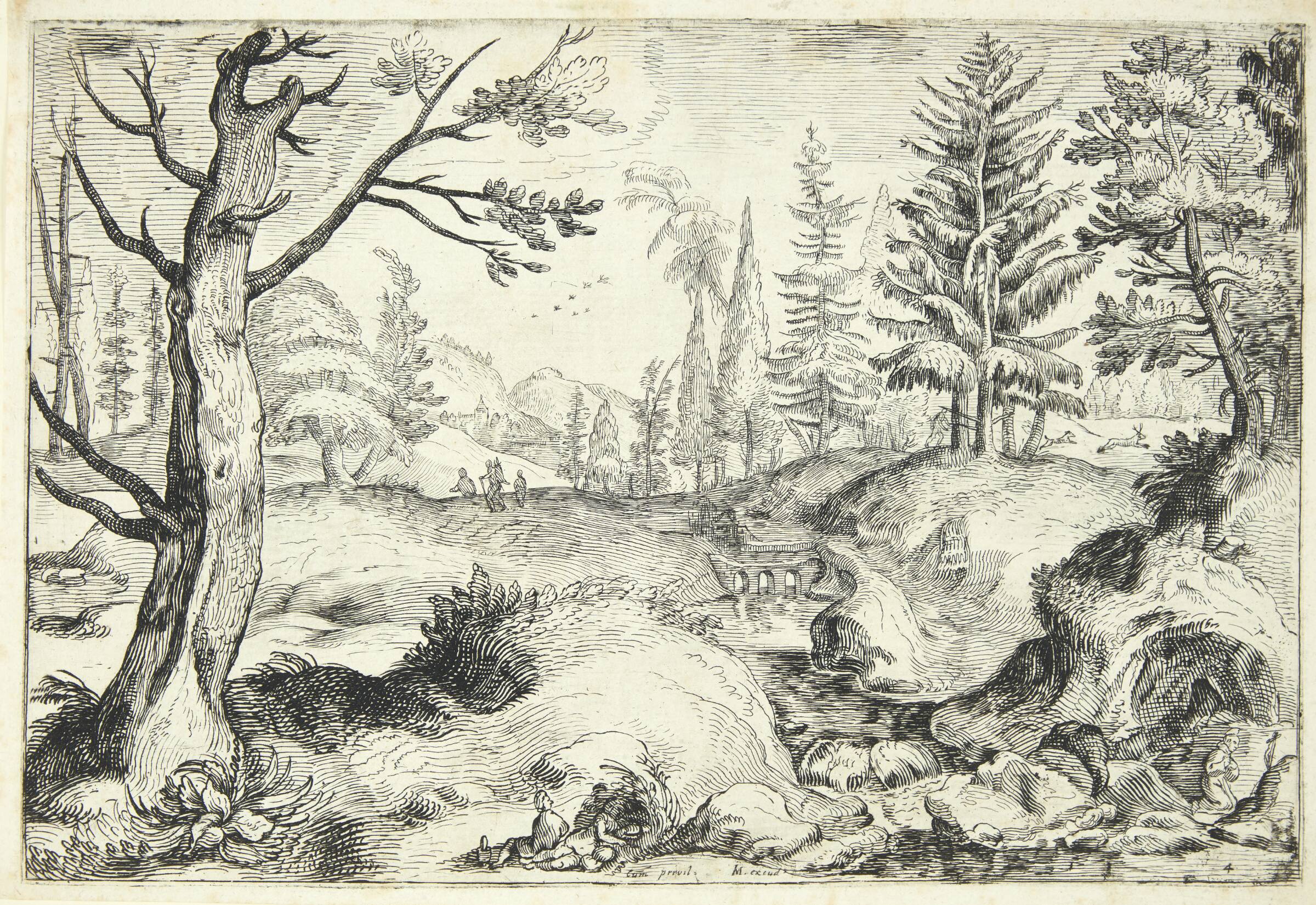 Bakkelandskab med små figurer og en eremit, Gerrit Adriaensz Gauw, 1601-1604