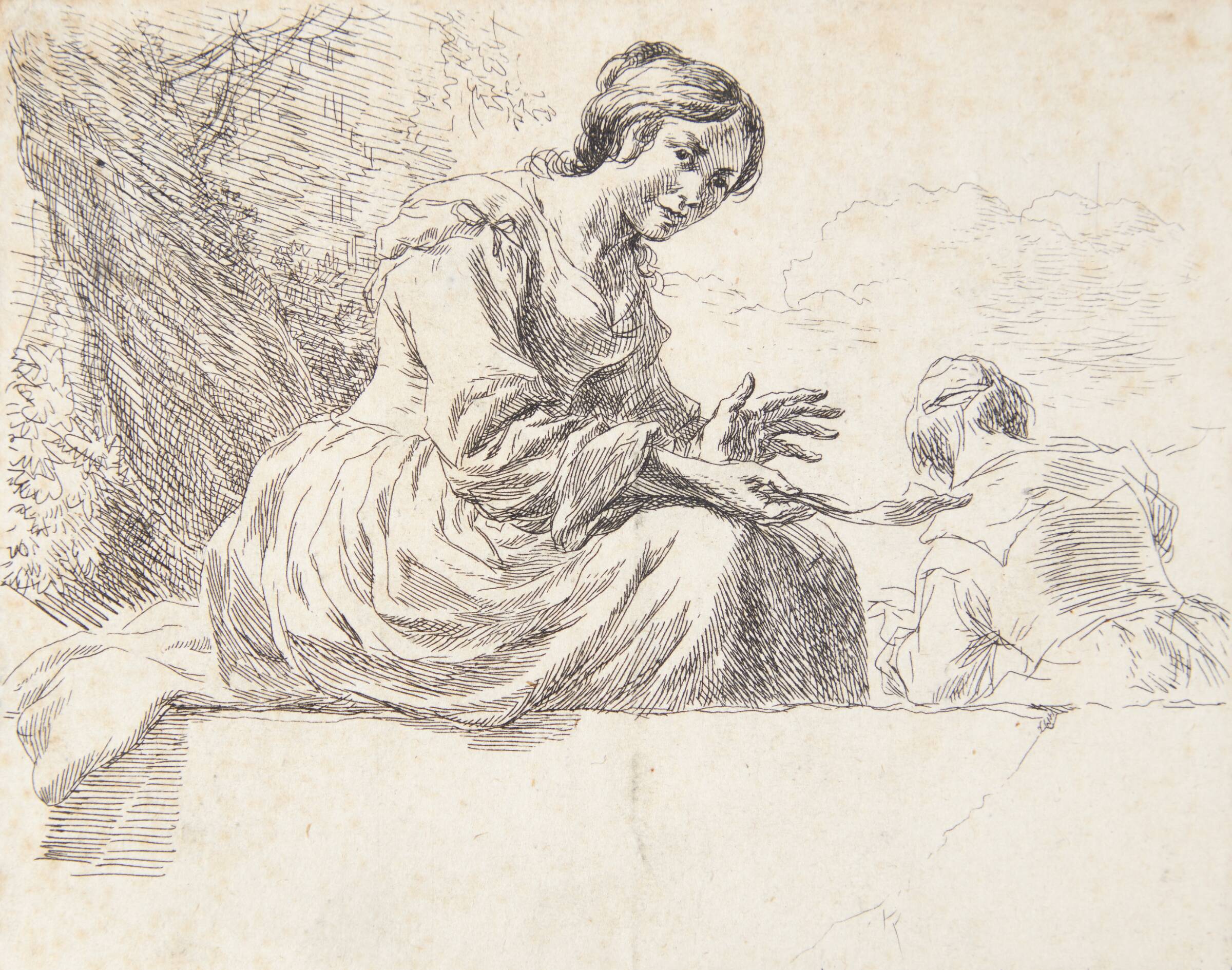 Bondepige siddende på en sten. Titelblad til "Får", Nicolaes Berchem, 1620-1683