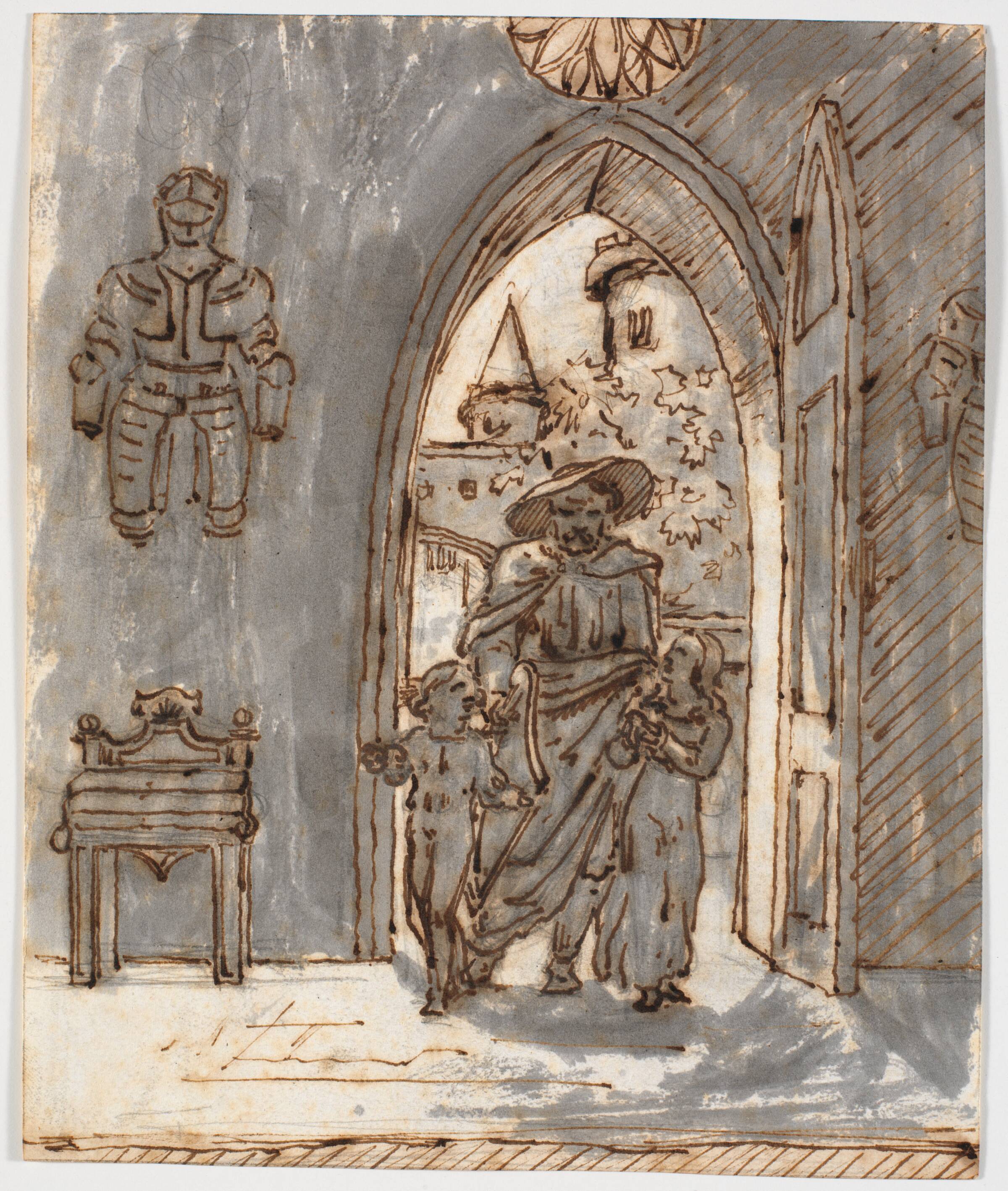 "Gotisk" scene. En skjald fører to børn ind i et gotisk hus, Martinus Rørbye, 1827-1829