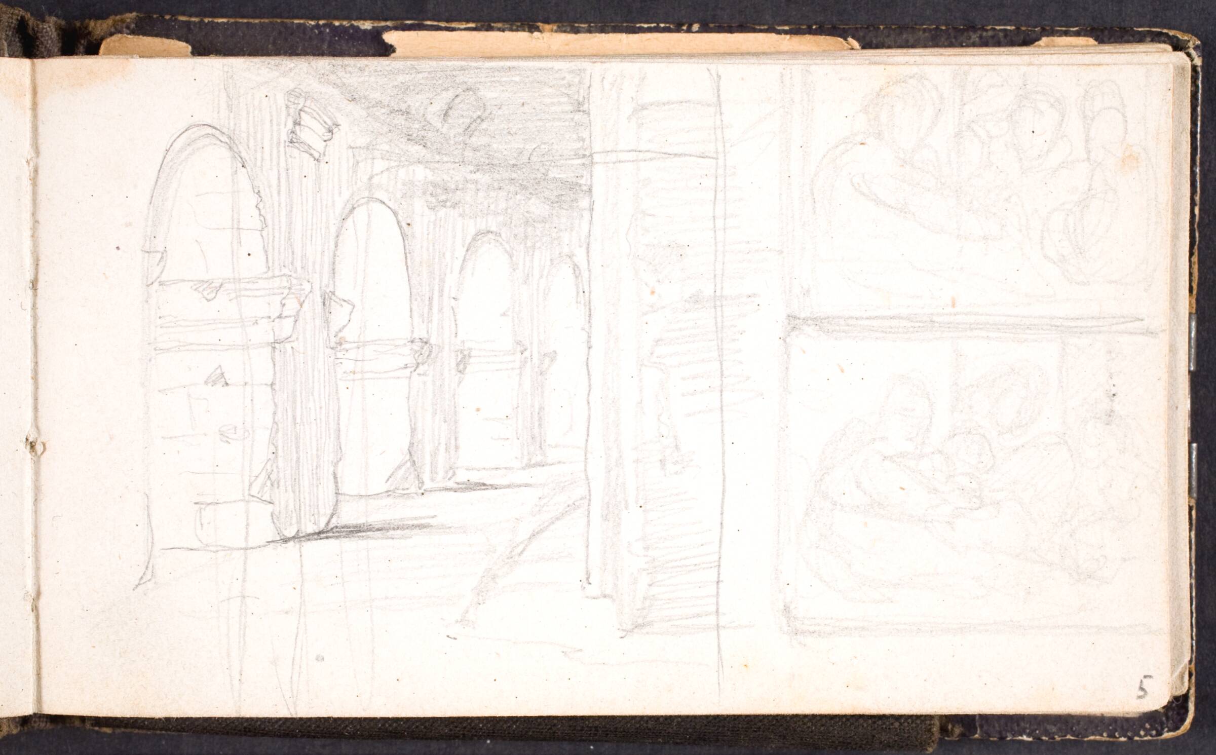 Detalje fra Colosseum. To skitser til venstre; halvdel af maleriet "Italienske bønderfolk i Rom", L.A. Schou, 1864-1867