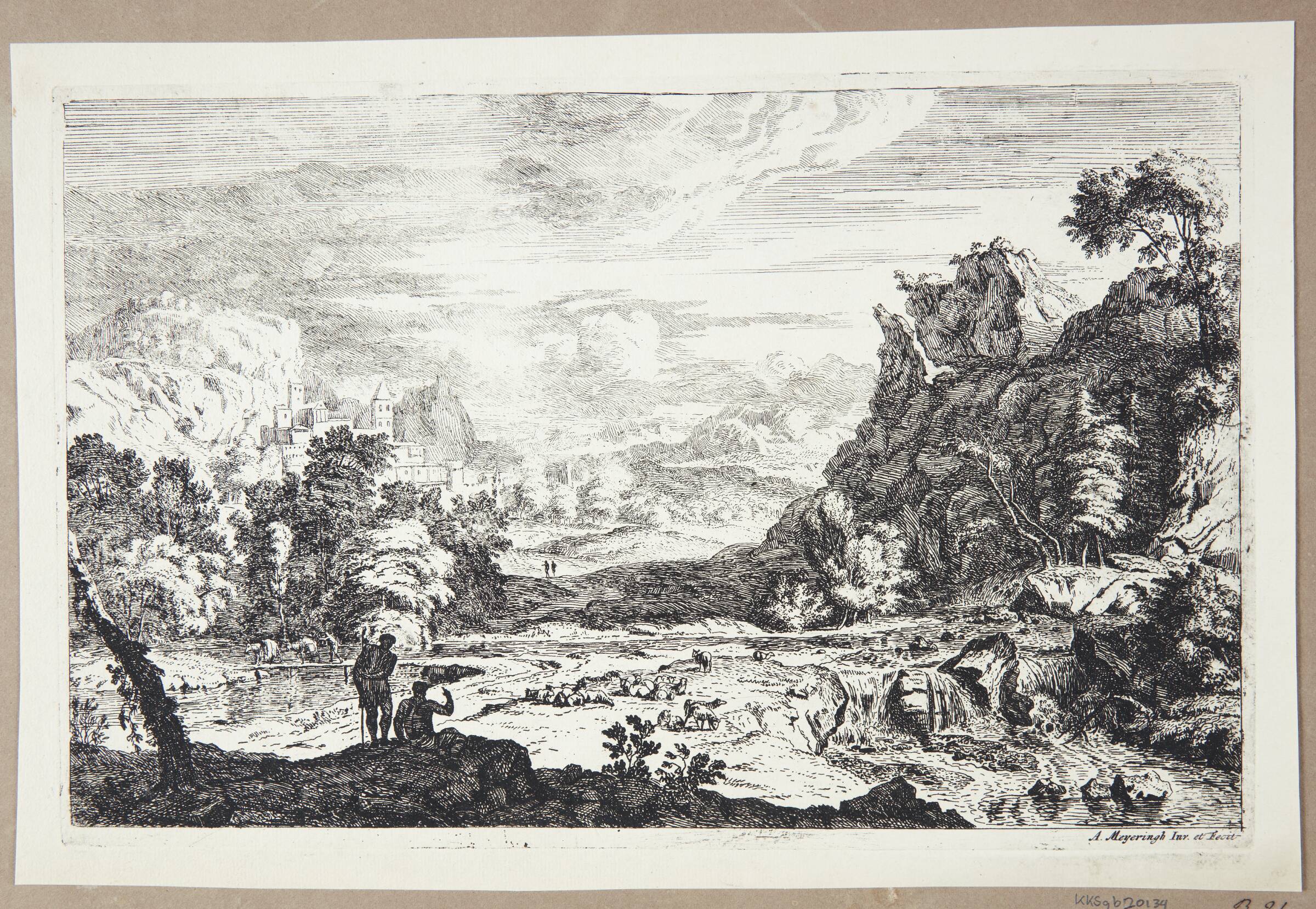 Landskab med hyrder ved et vandfald, Albert Meyering, 1645-1714