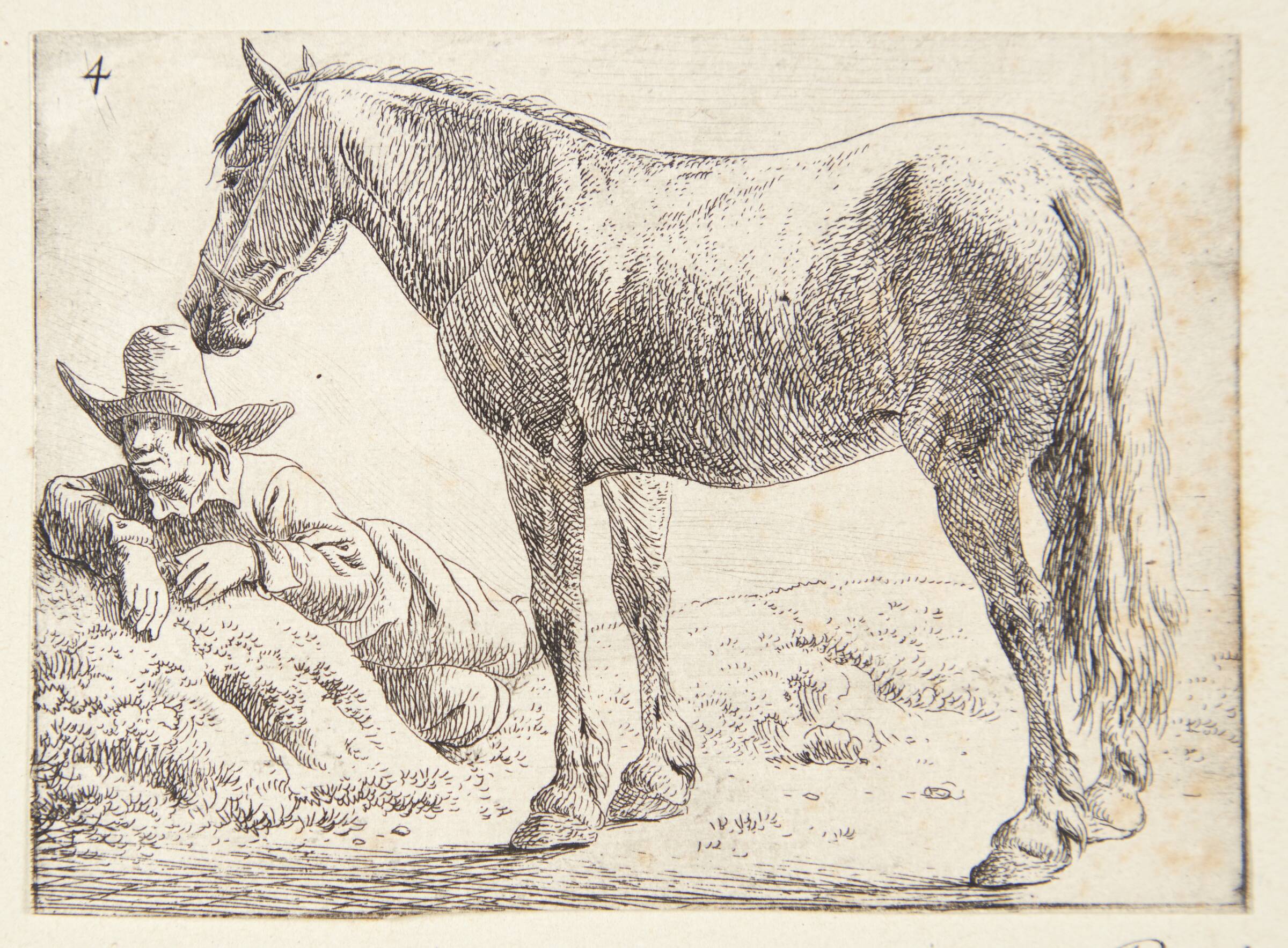 Stående hest, t.v. en hvilende mand, Jan van Aken, 1614-1661