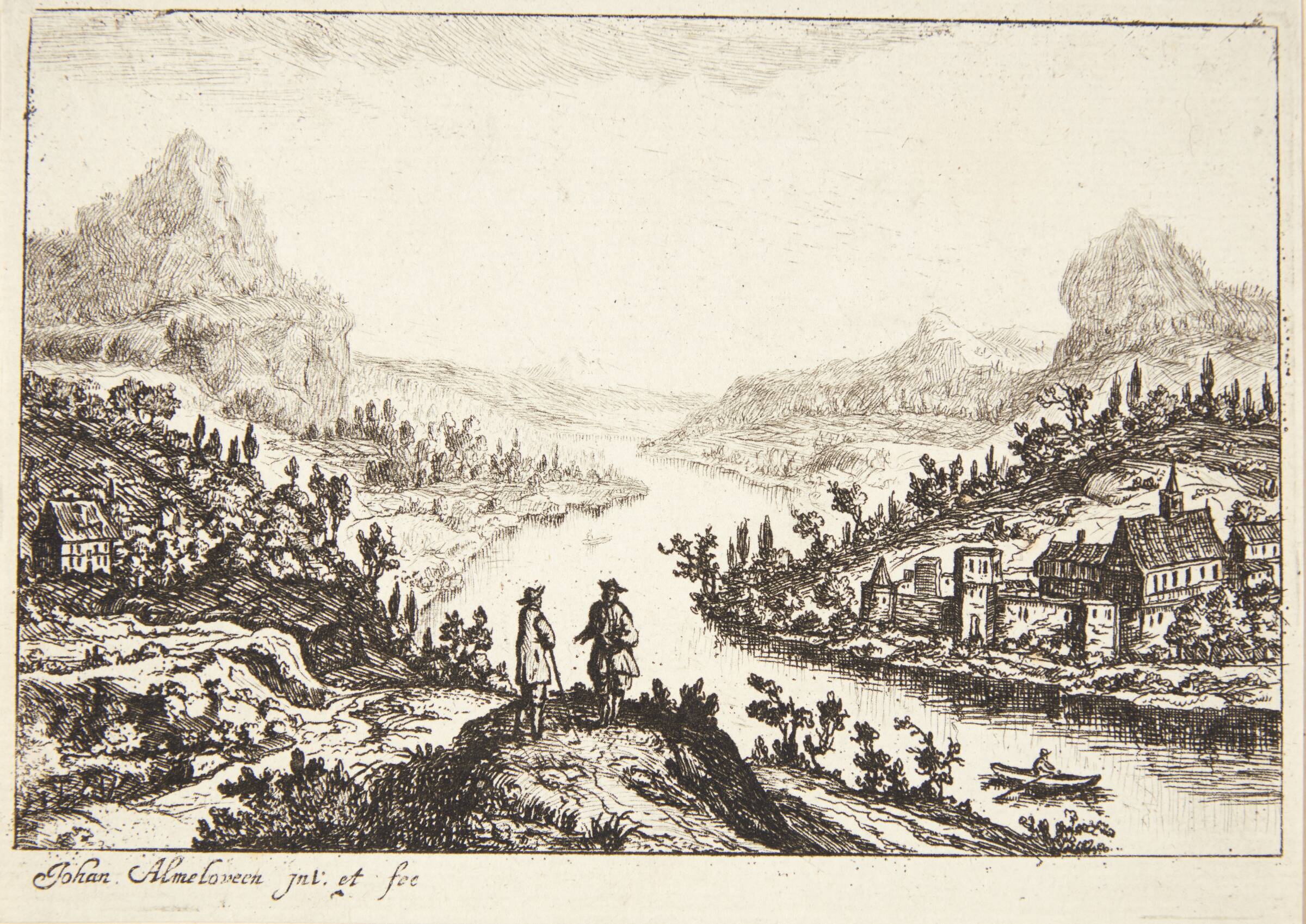 Flod i et bjergrigt landskab, i forgrunden to mænd i samtale, Jan van Almeloveen, 1652-1683
