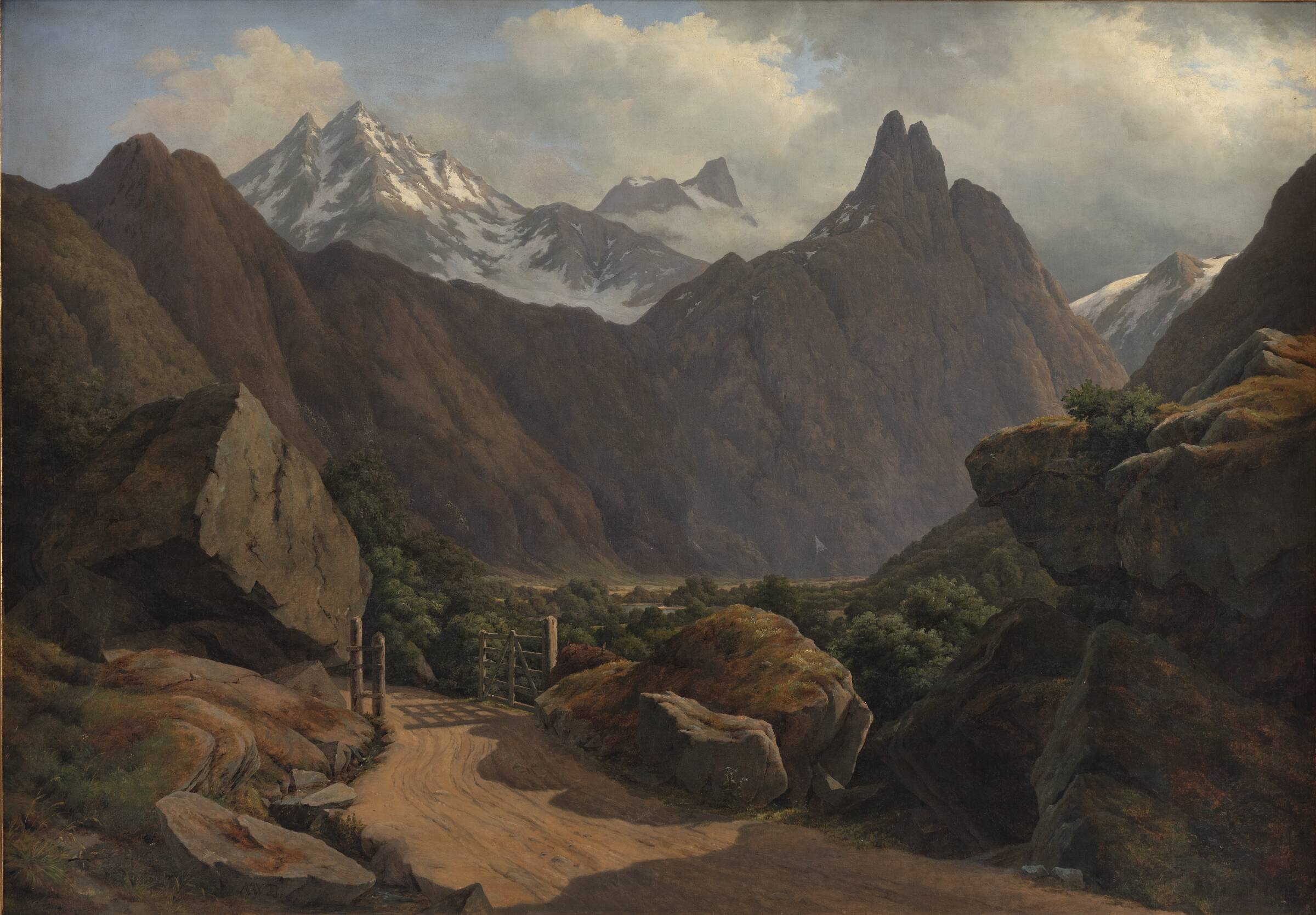 Parti af Romsdalen med Romsdals Horn og Vikingetinderne i Norge, A.W. Boesen, 1842-1845