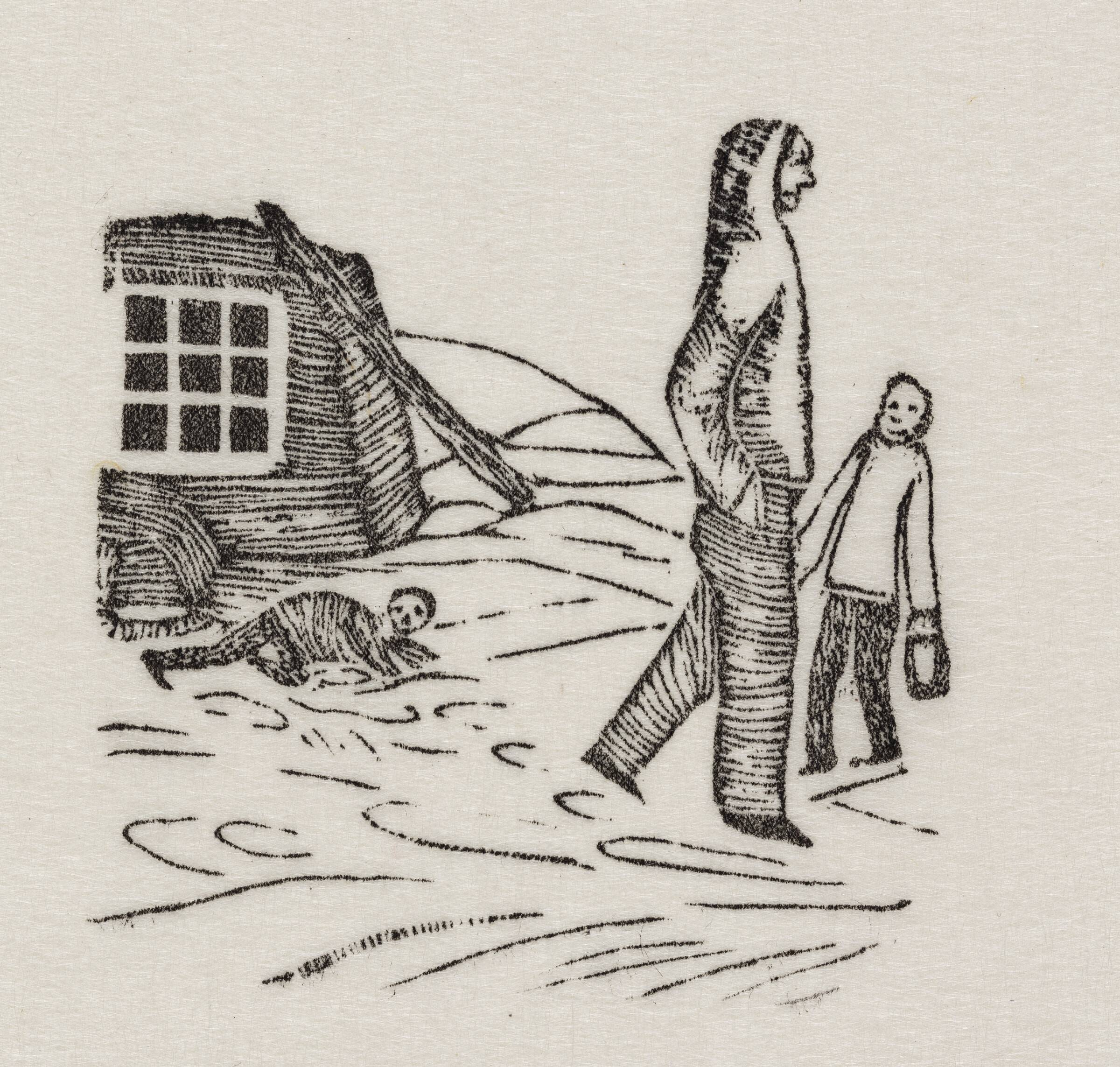To mænd og et krybende væsen uden for en vinterbolig. Sagnmotiv?, Abraham, 1859-1860