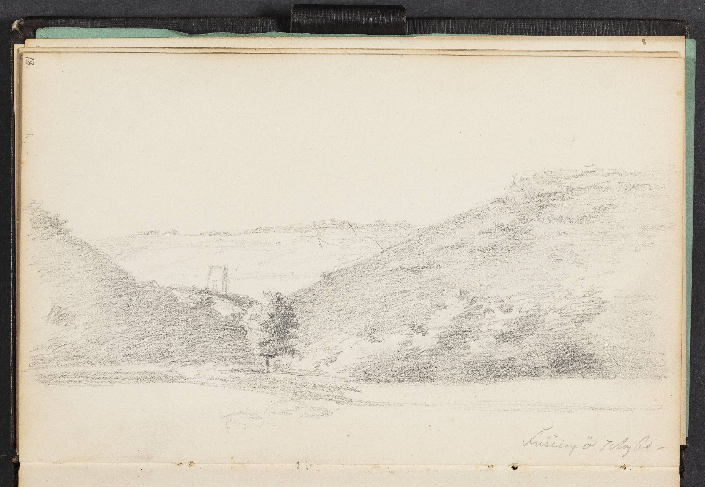 Bakket landskab med kirketårn fra Fussingø, Carl Thomsen, 1868