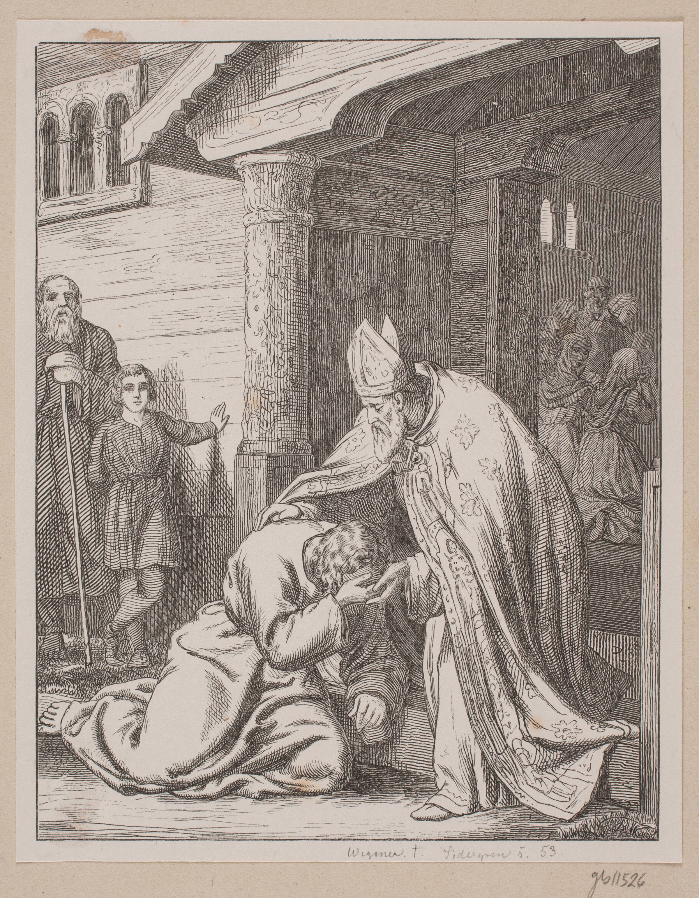 Biskop Vilhelm modtager den angrende Svend Estridsen i kirkedøren, Södergren, 1853