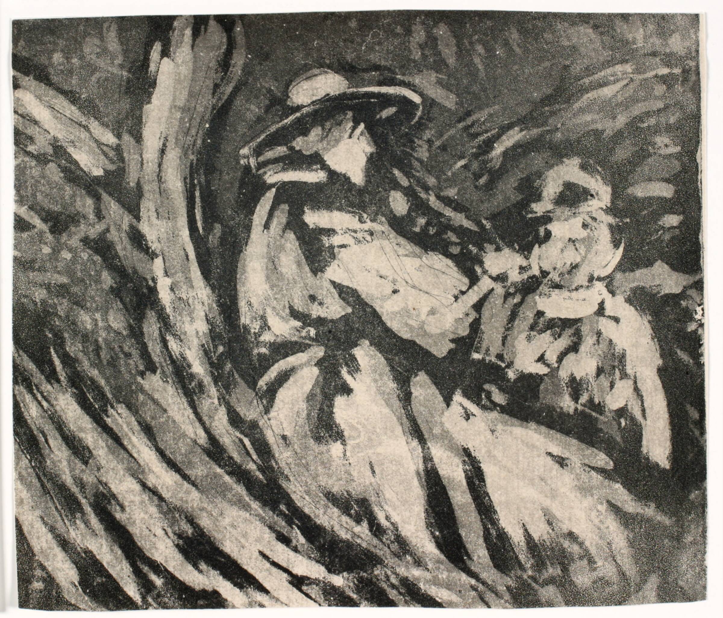 Dame med barn ved træstamme, Holger J. Jensen, 1930